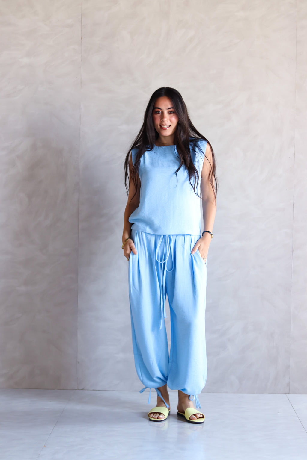 Linen Boxy Balloon Set in Light Blue