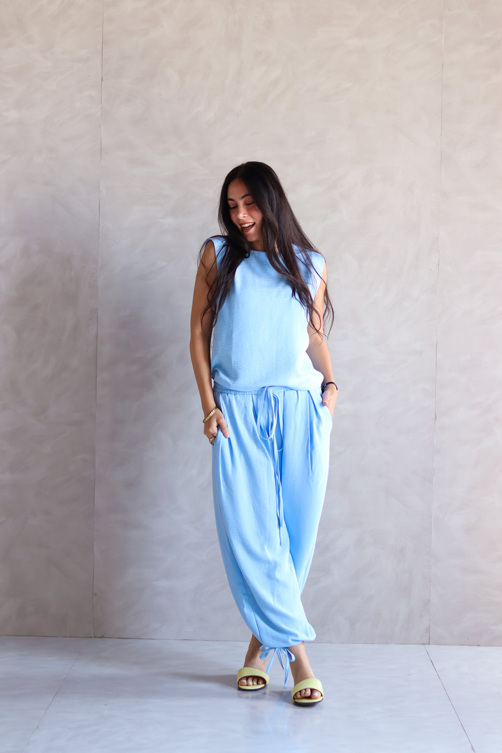 Linen Boxy Balloon Set in Light Blue