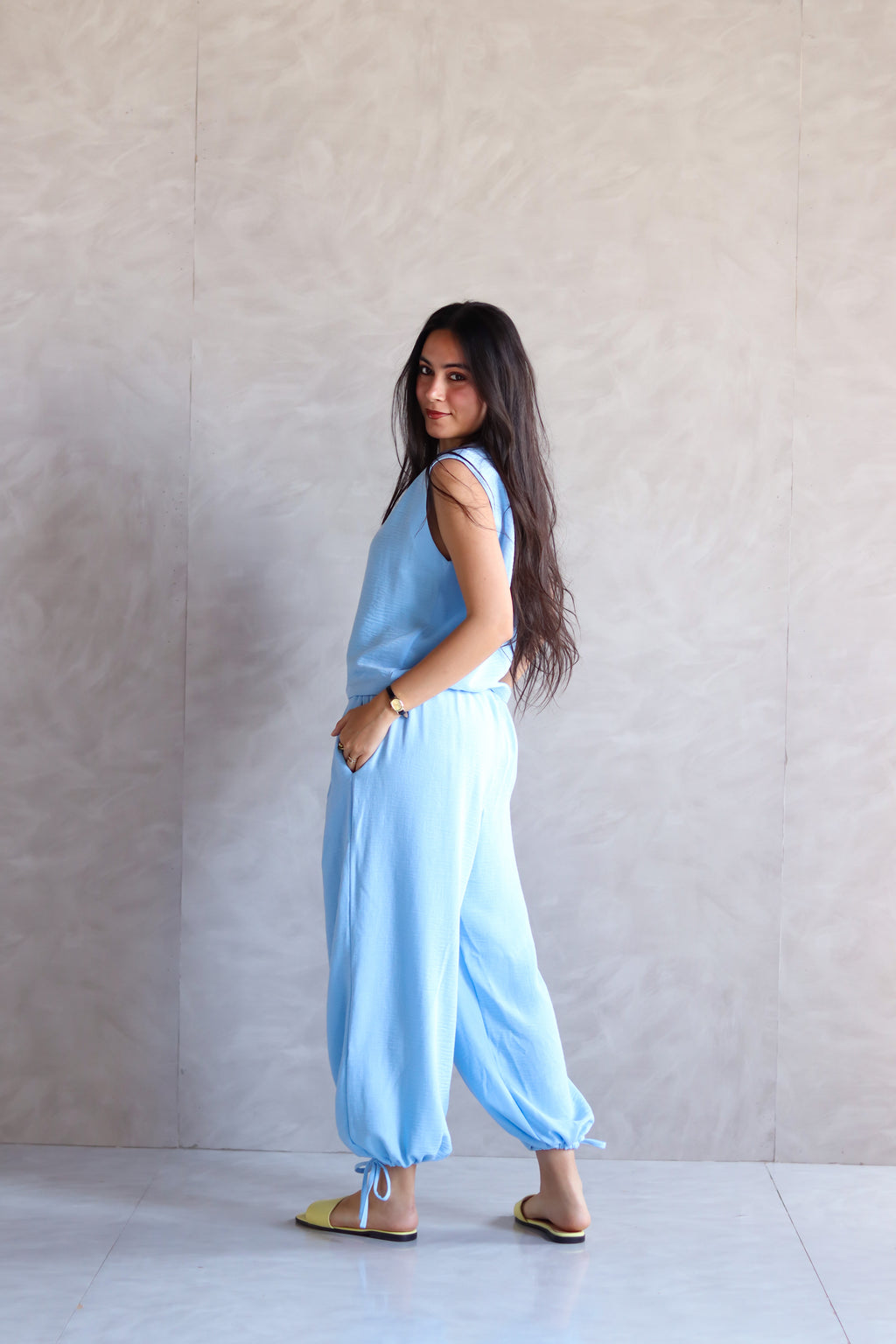 Linen Boxy Balloon Set in Light Blue