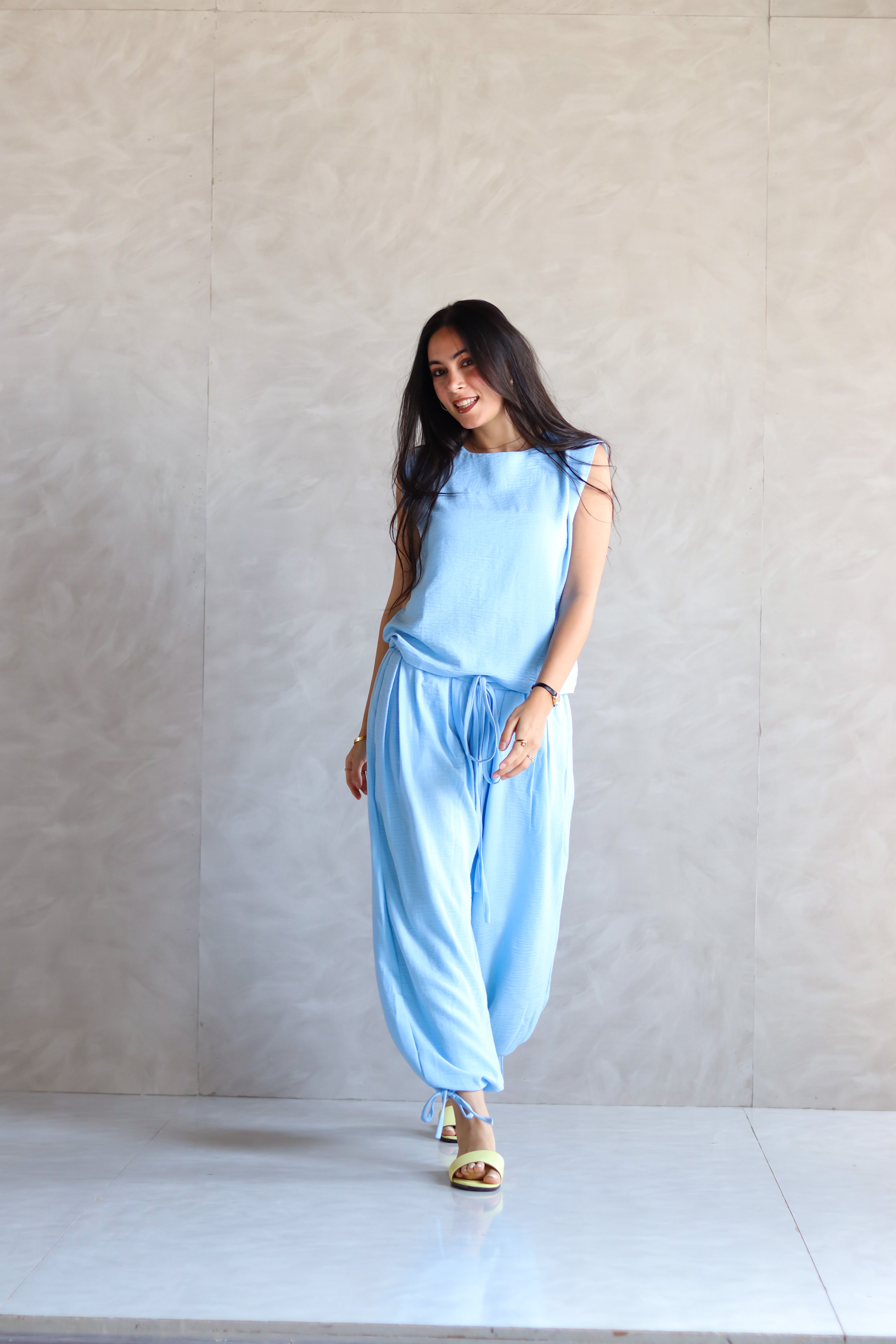 Linen Boxy Balloon Set in Light Blue