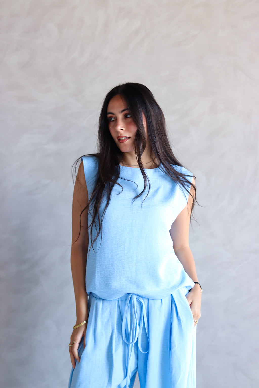 Linen Boxy Balloon Set in Light Blue