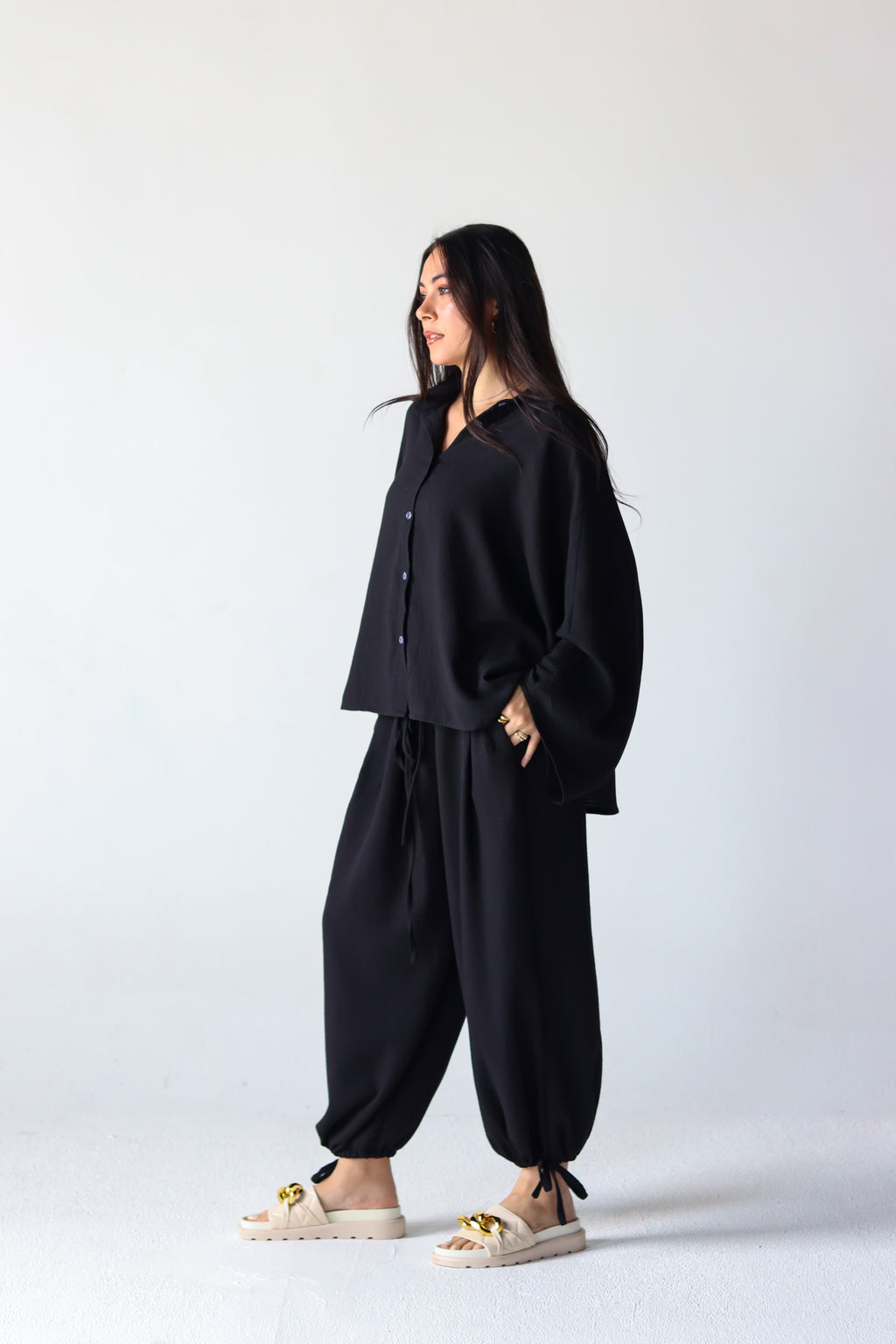 Linen Oversized Wide Sleeves Balloon Set in Black