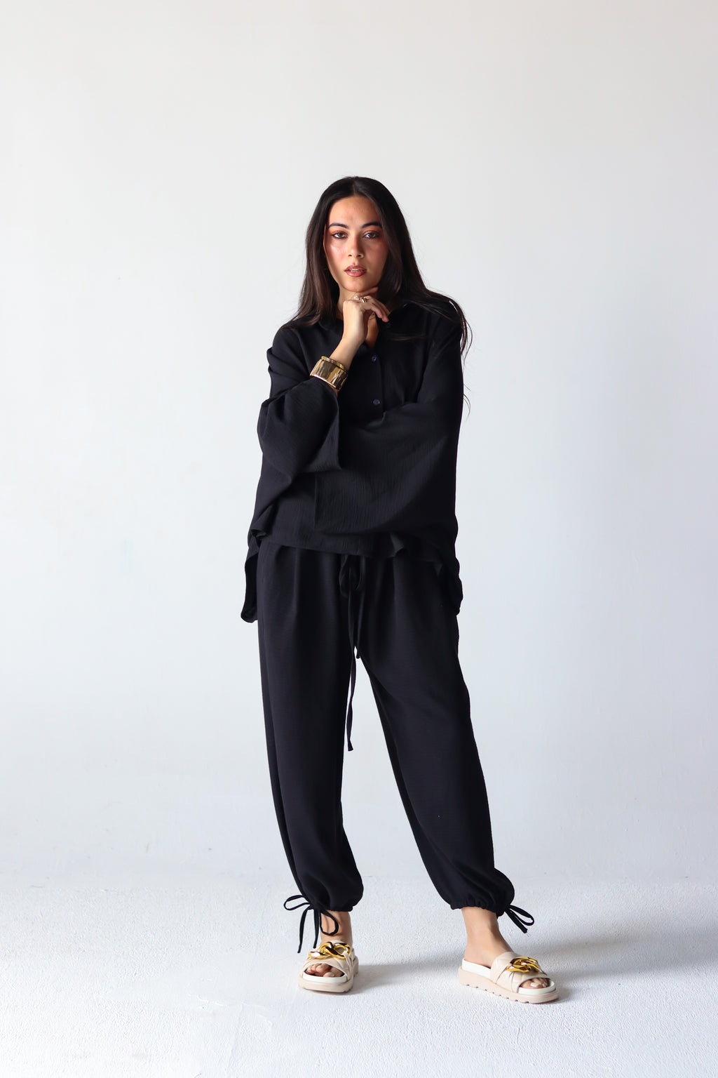Linen Oversized Wide Sleeves Balloon Set in Black