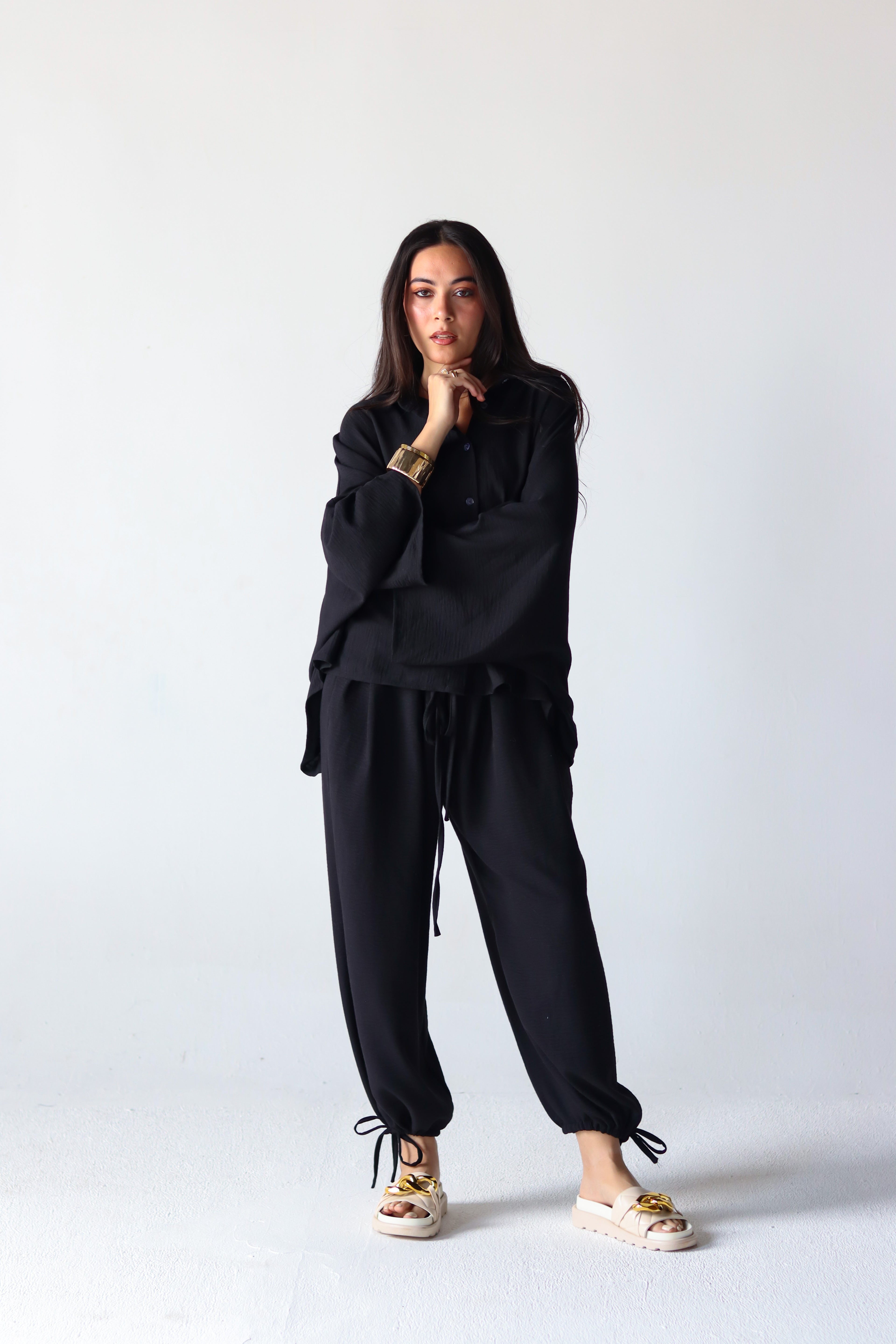 Linen Oversized Wide Sleeves Balloon Set in Black