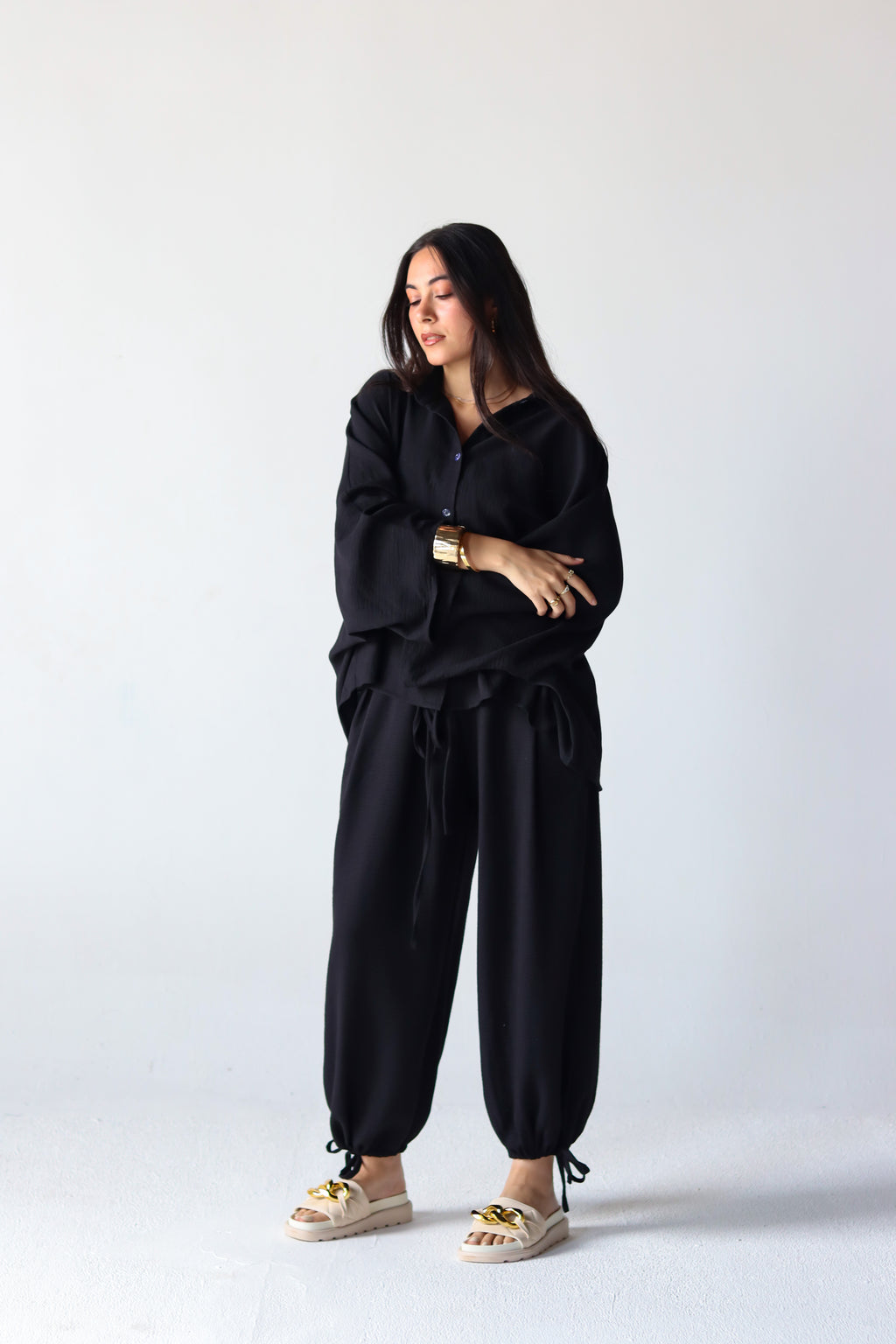 Linen Oversized Wide Sleeves Balloon Set in Black