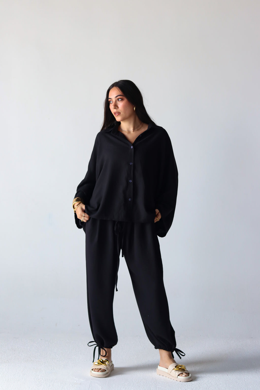 Linen Oversized Wide Sleeves Balloon Set in Black