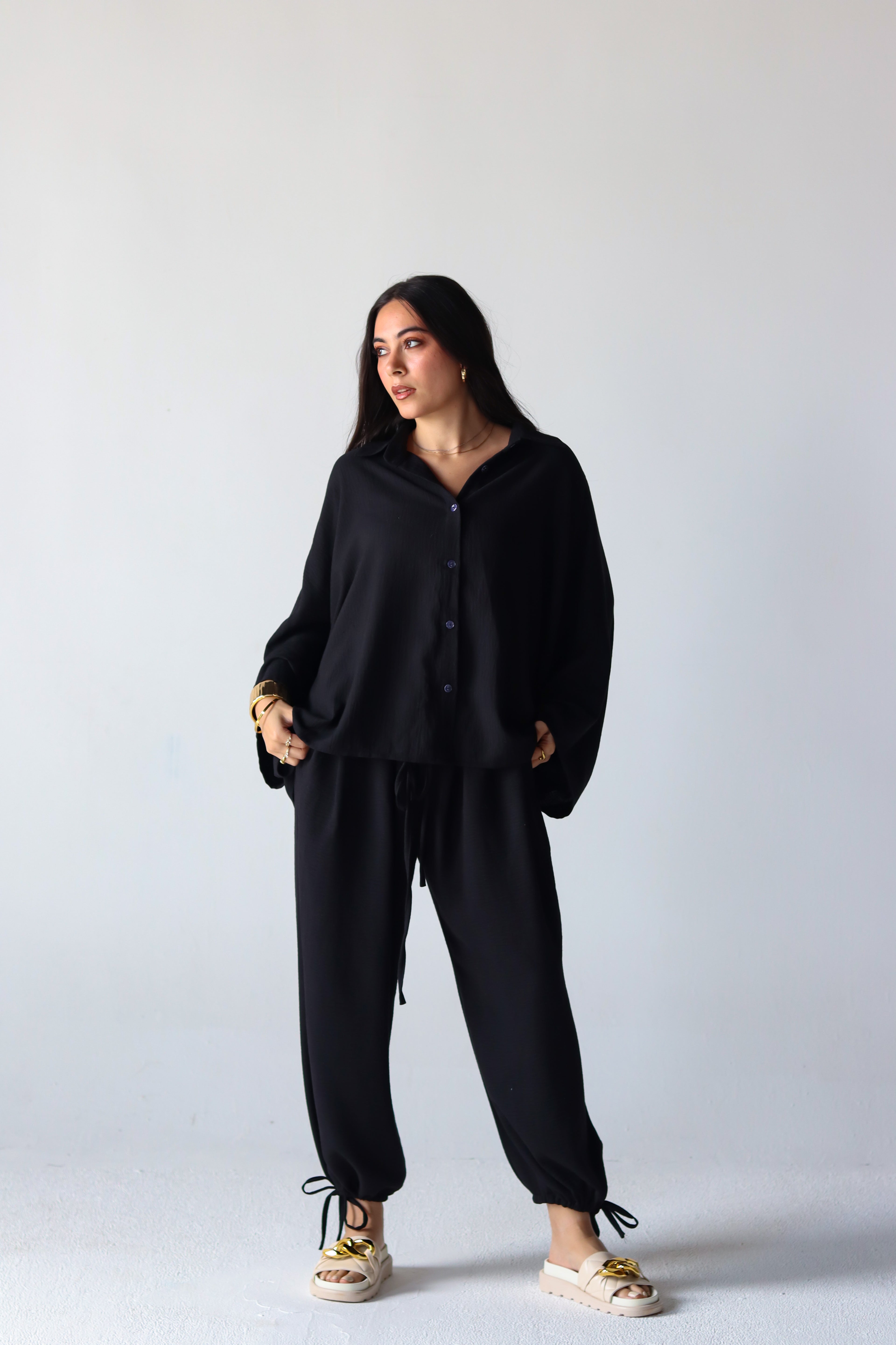 Linen Oversized Wide Sleeves Balloon Set in Black