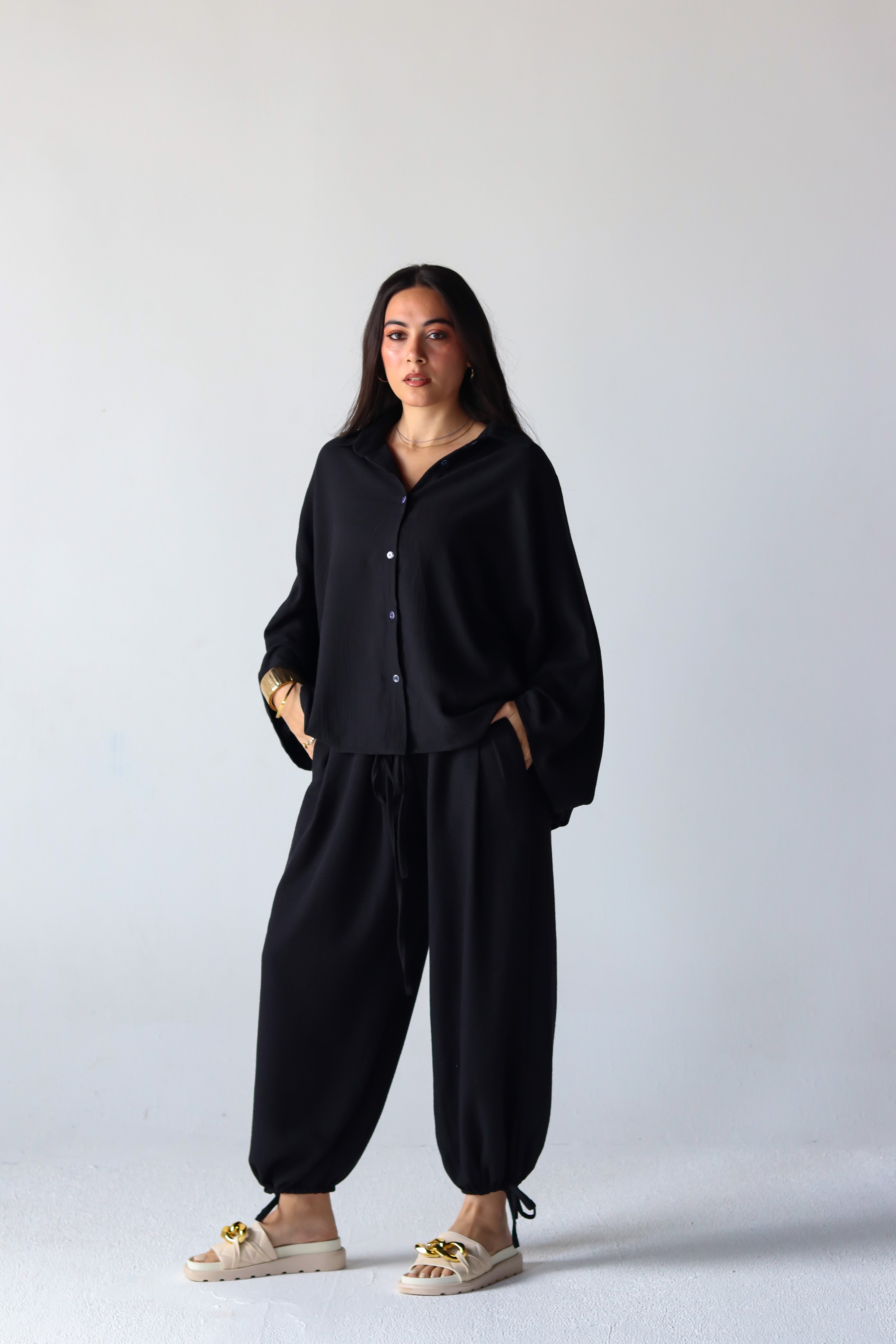 Linen Oversized Wide Sleeves Balloon Set in Black