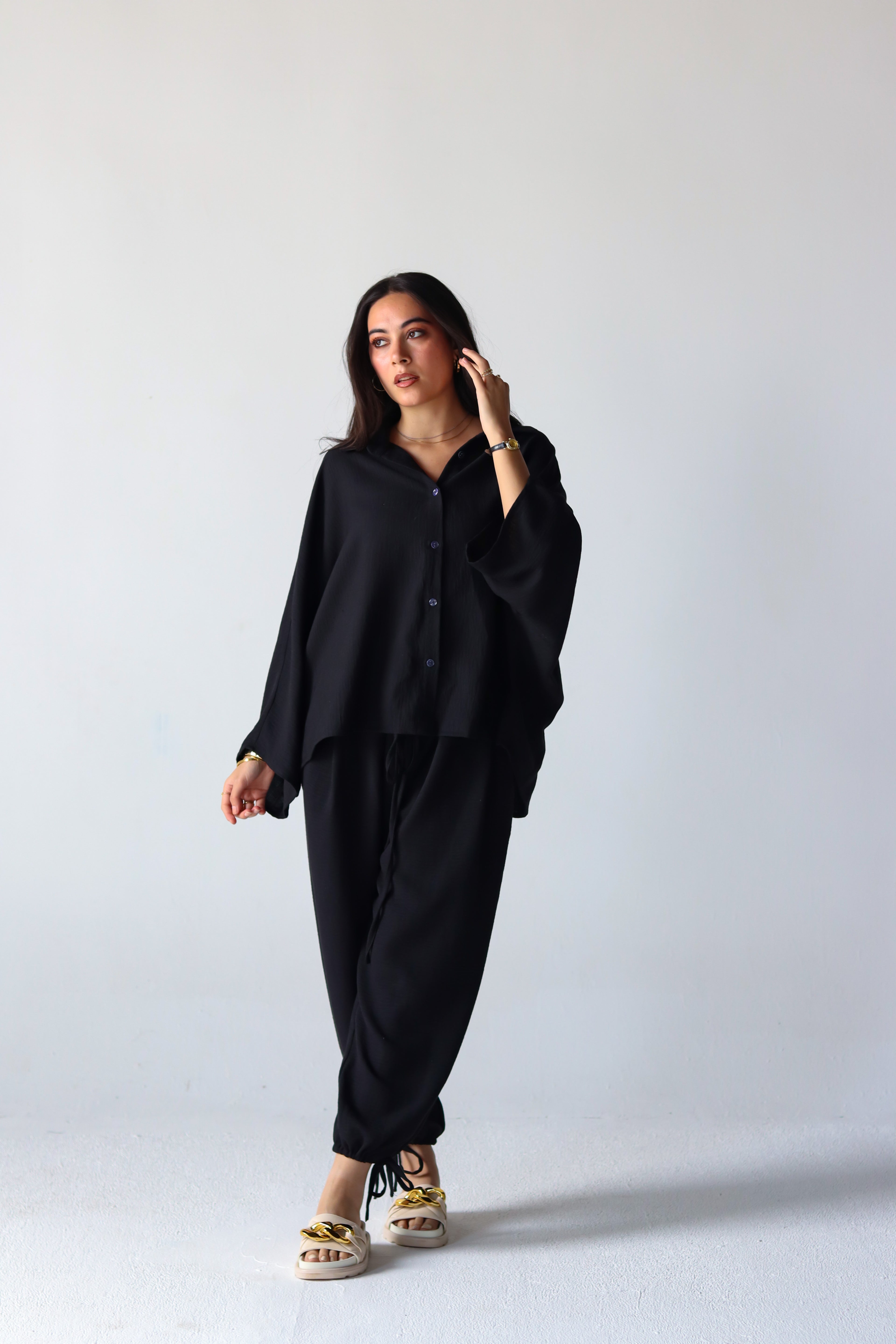Linen Oversized Wide Sleeves Balloon Set in Black