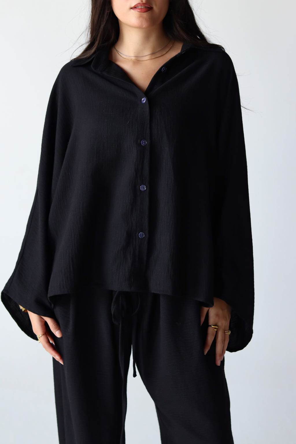 Linen Oversized Wide Sleeves Balloon Set in Black