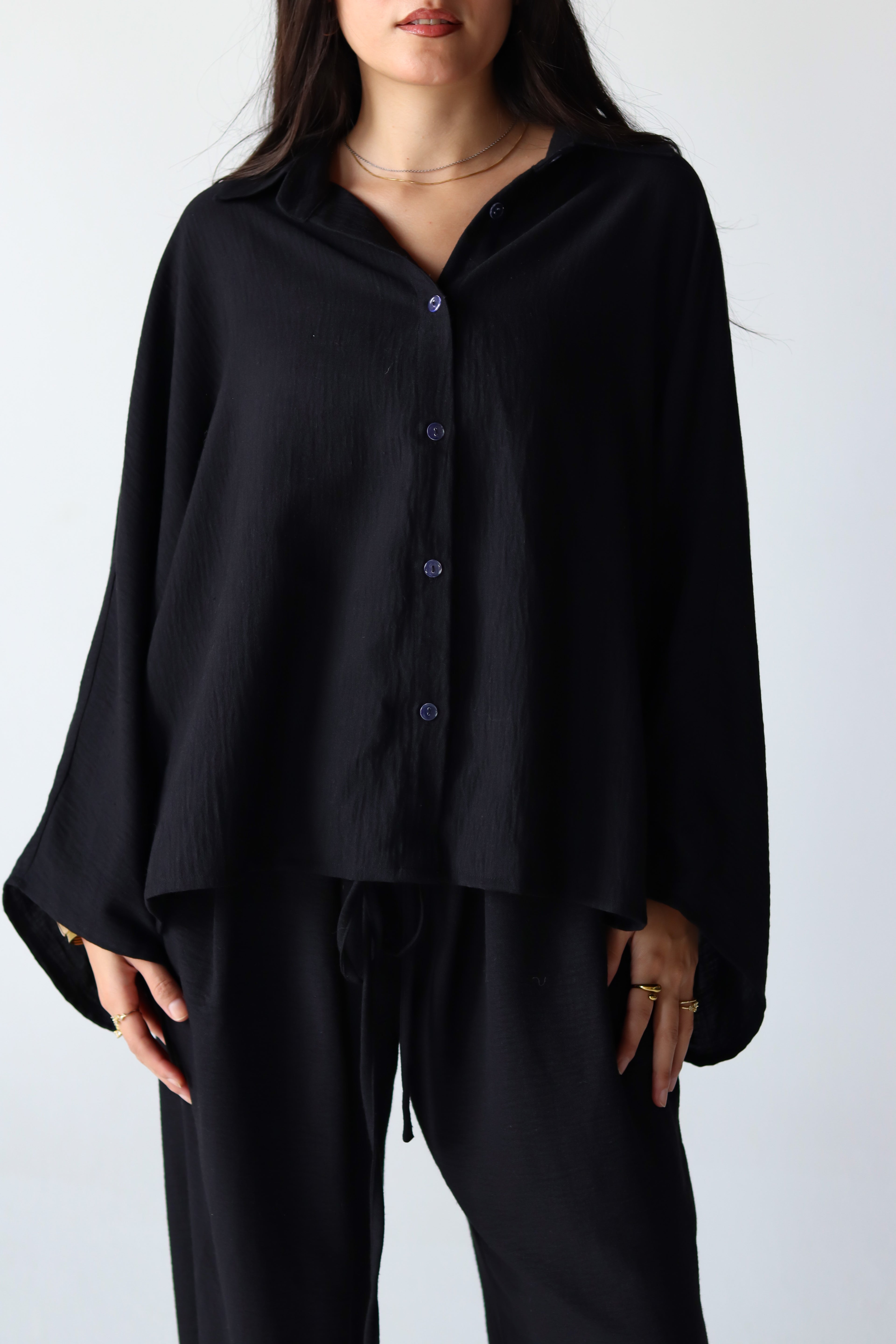 Linen Oversized Wide Sleeves Balloon Set in Black