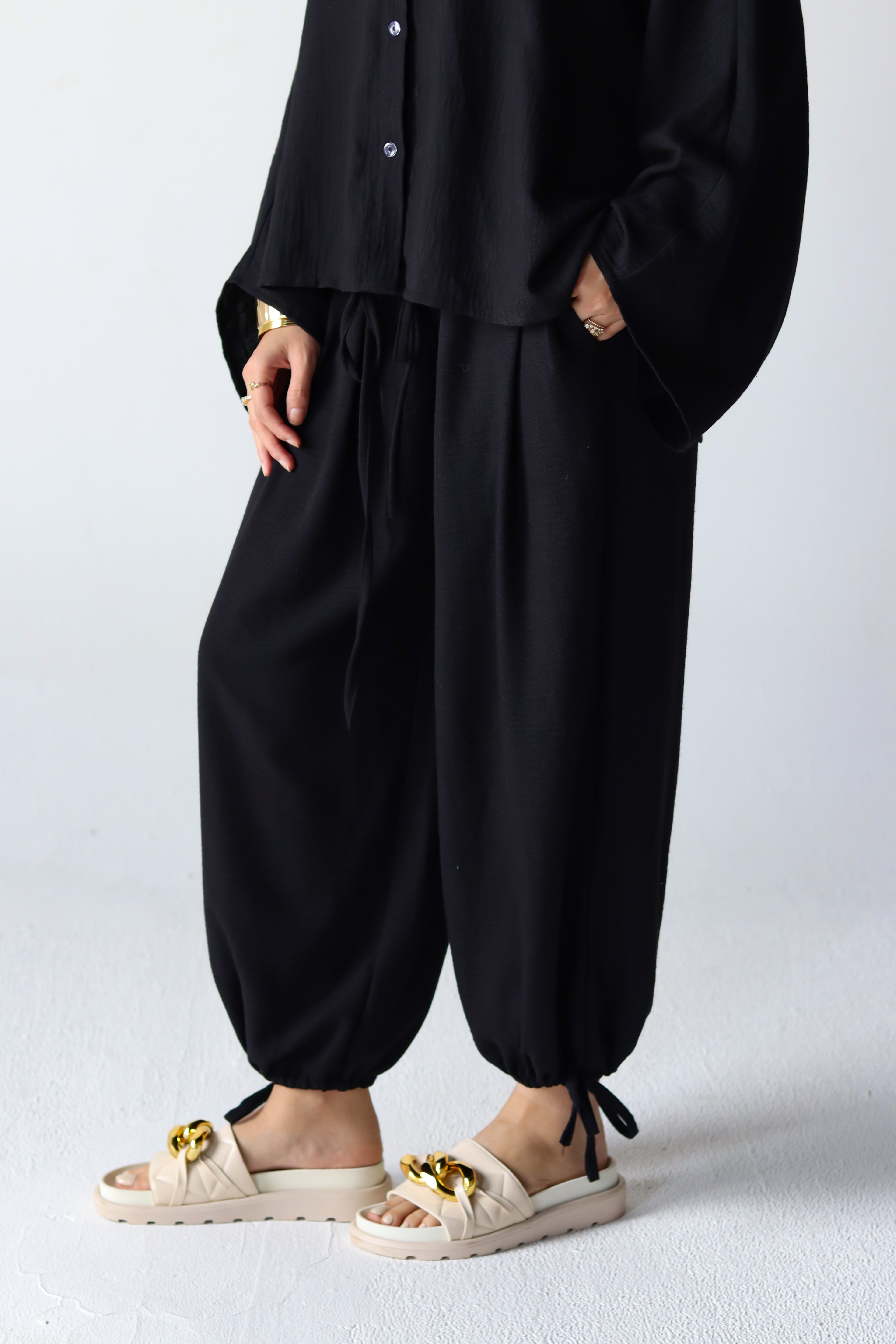 Linen Oversized Wide Sleeves Balloon Set in Black