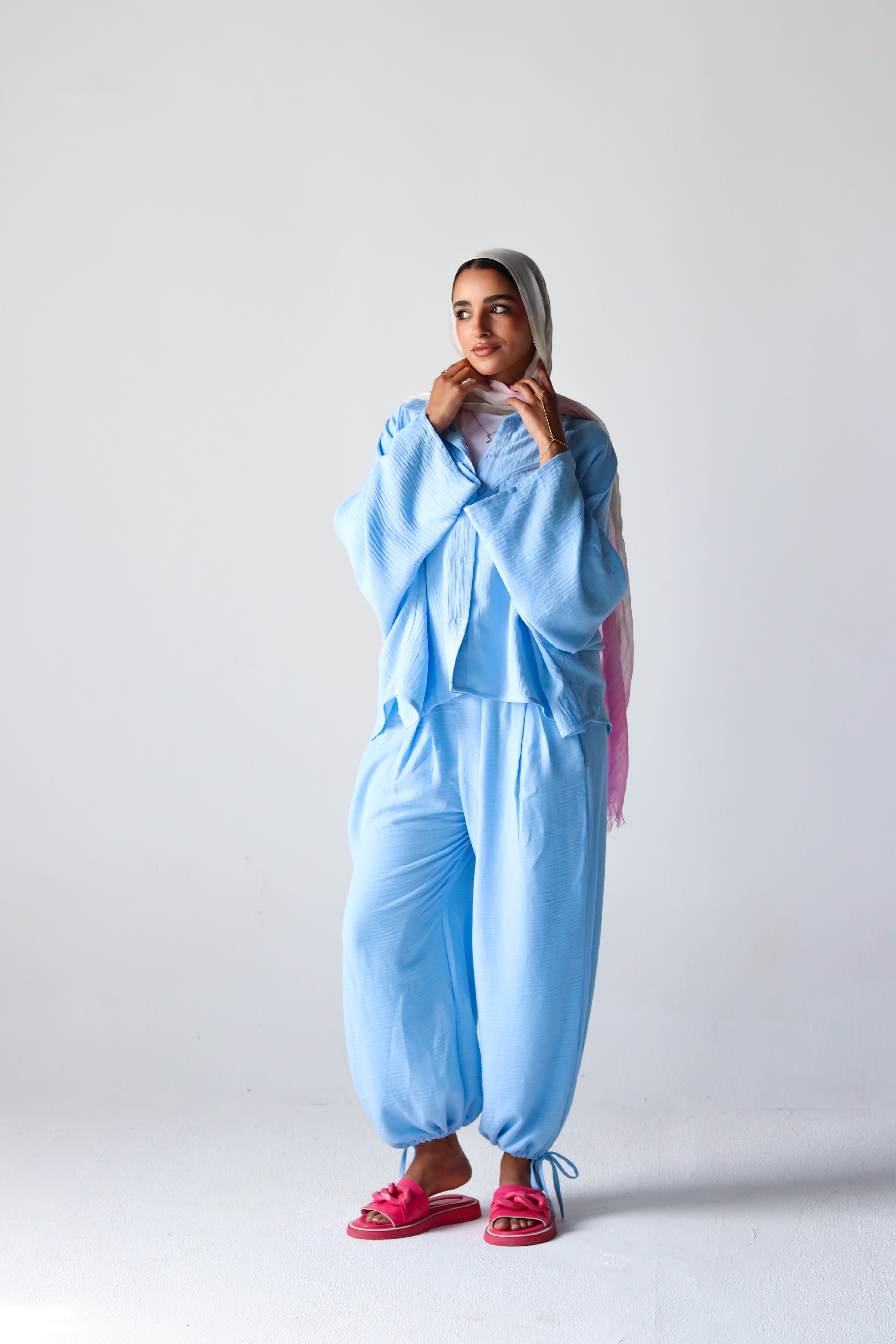 Linen Oversized Wide Sleeves Balloon Set in Light Blue