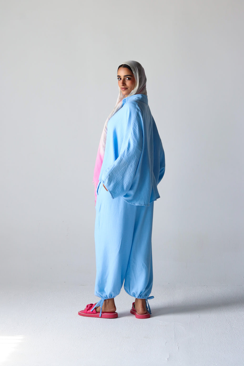 Linen Oversized Wide Sleeves Balloon Set in Light Blue