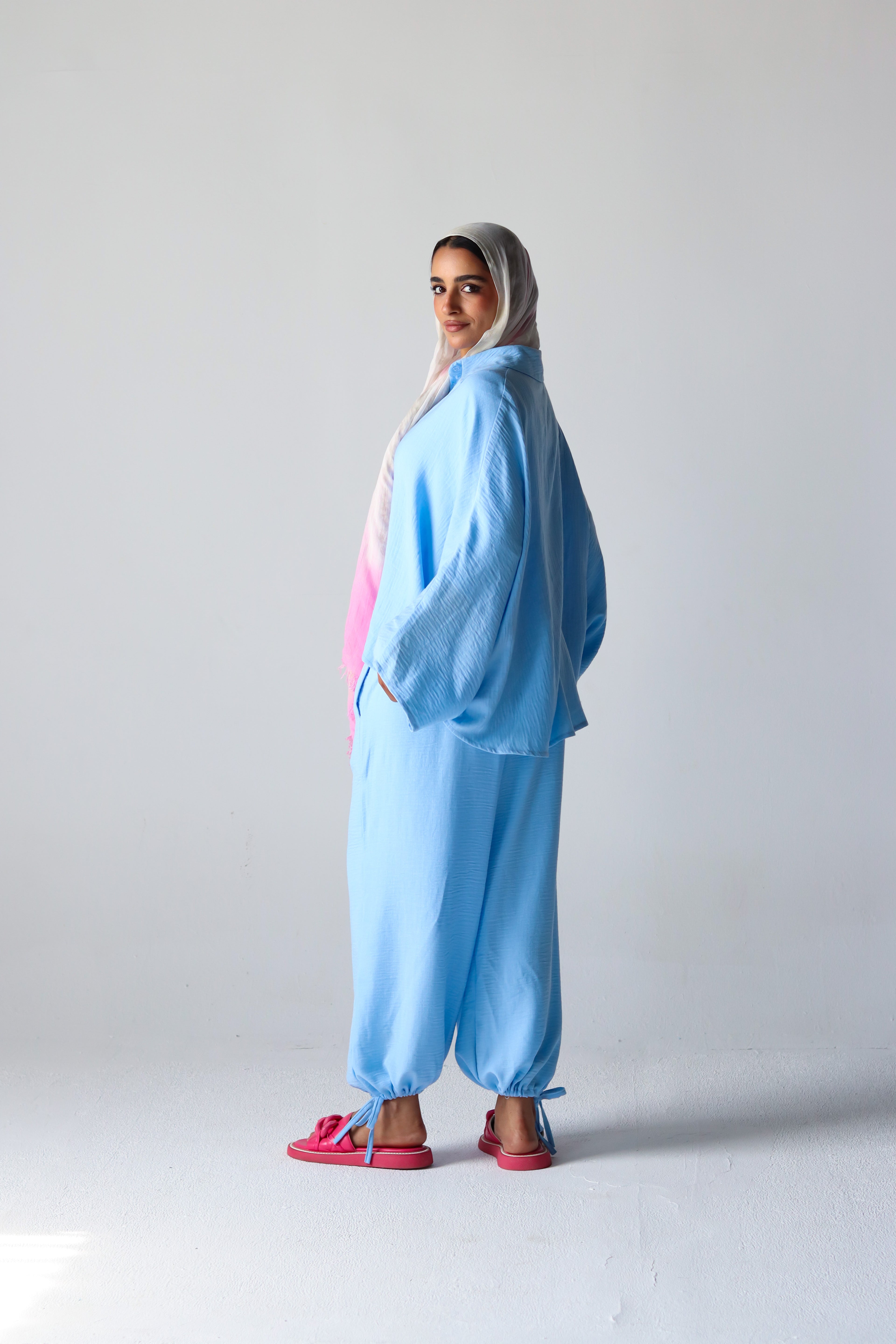 Linen Oversized Wide Sleeves Balloon Set in Light Blue