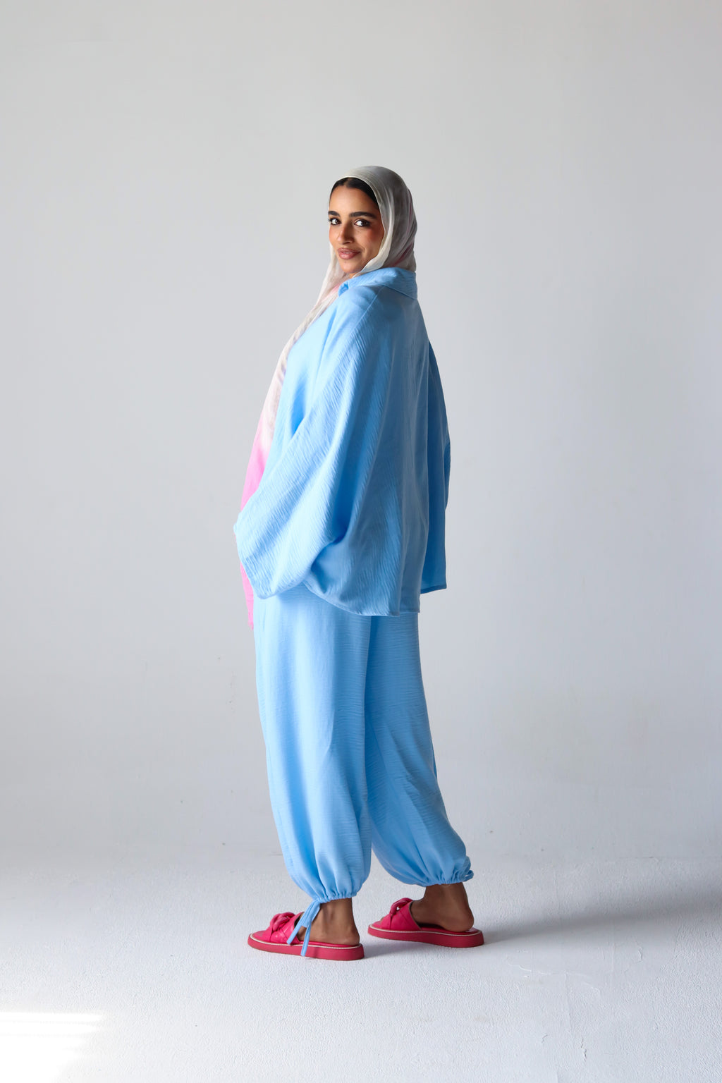 Linen Oversized Wide Sleeves Balloon Set in Light Blue