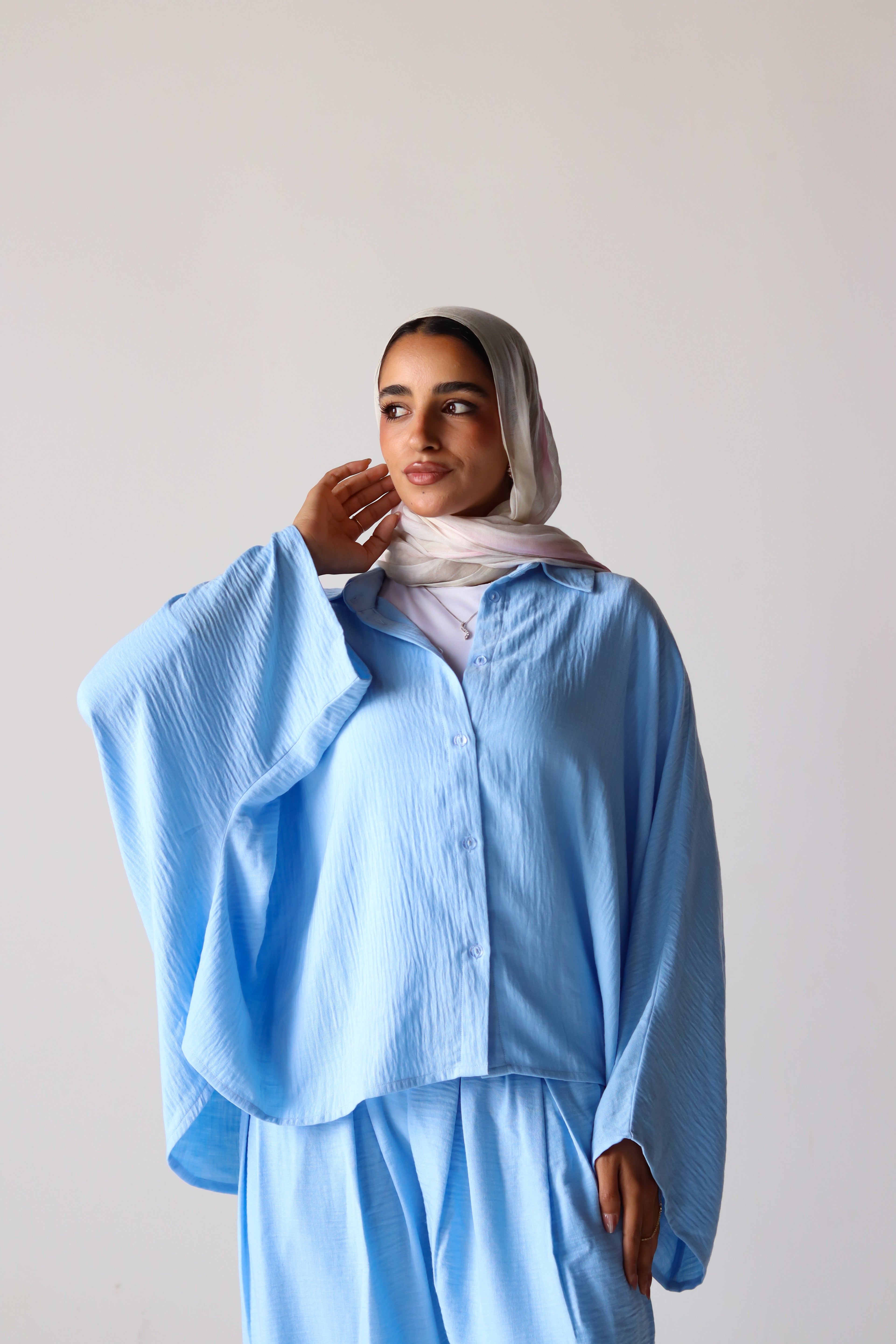 Linen Oversized Wide Sleeves Balloon Set in Light Blue
