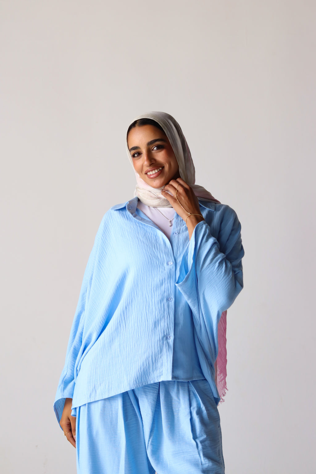 Linen Oversized Wide Sleeves Balloon Set in Light Blue