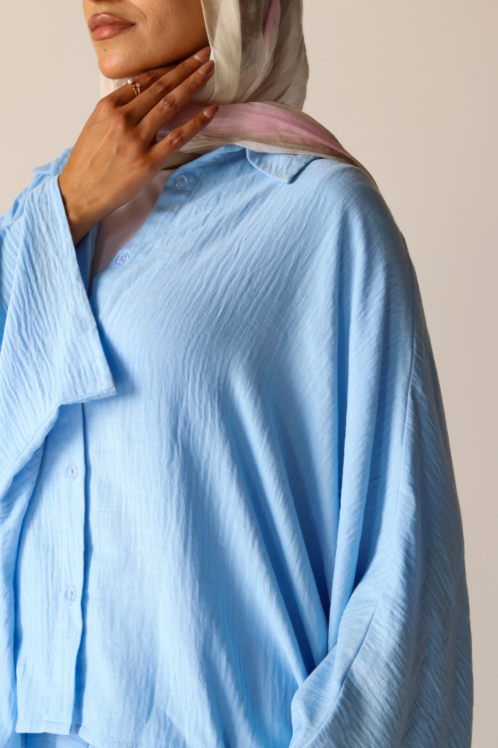 Linen Oversized Wide Sleeves Balloon Set in Light Blue