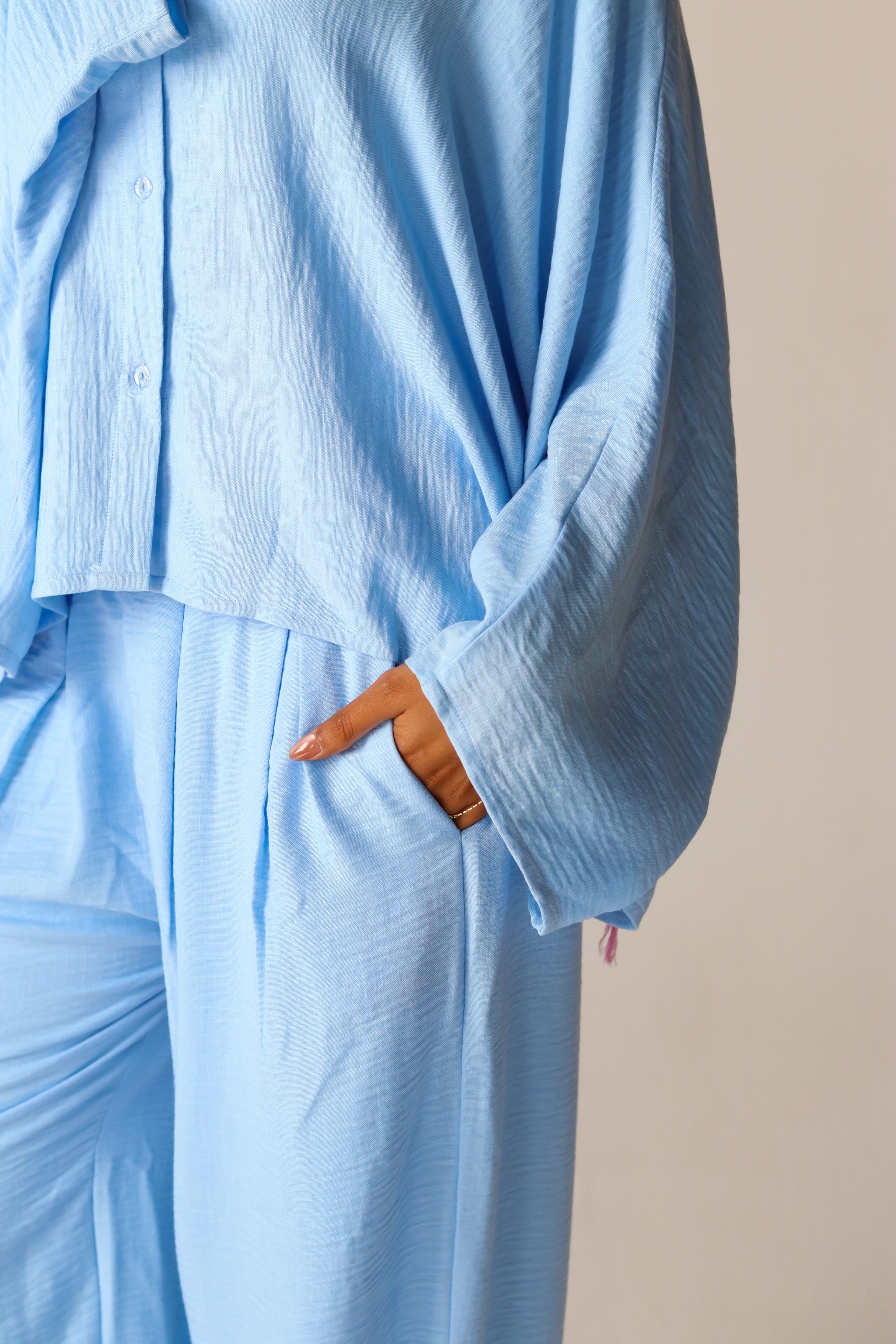 Linen Oversized Wide Sleeves Balloon Set in Light Blue