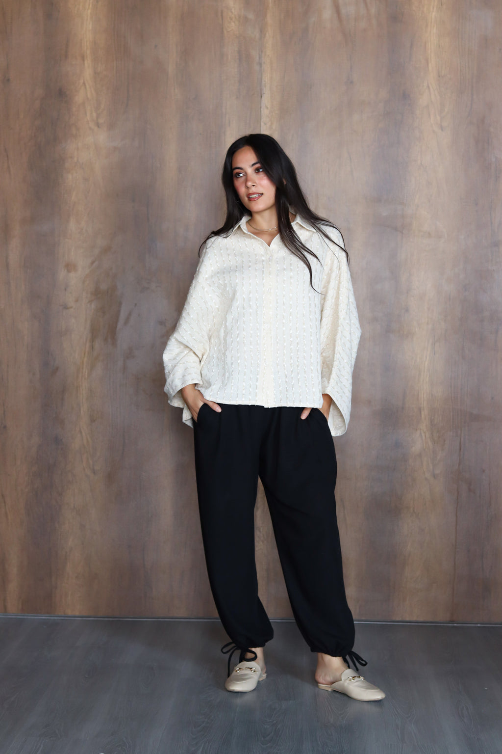 Linen Striped Top in Off-white
