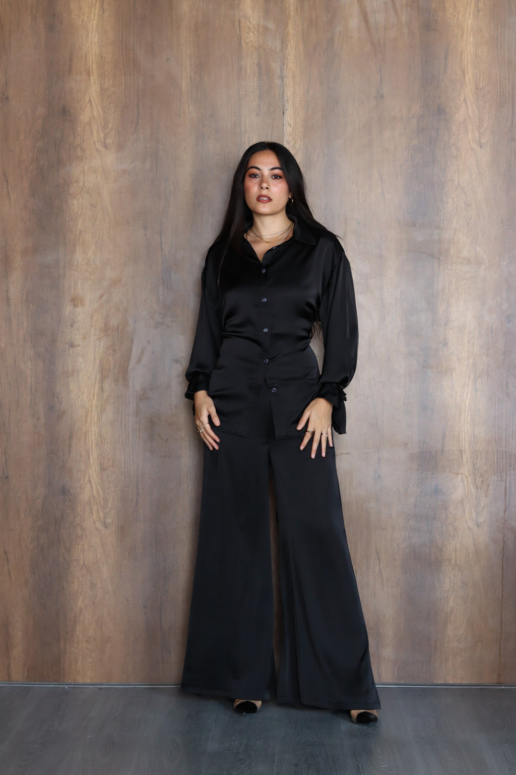 Satin Lace-up Set in Black