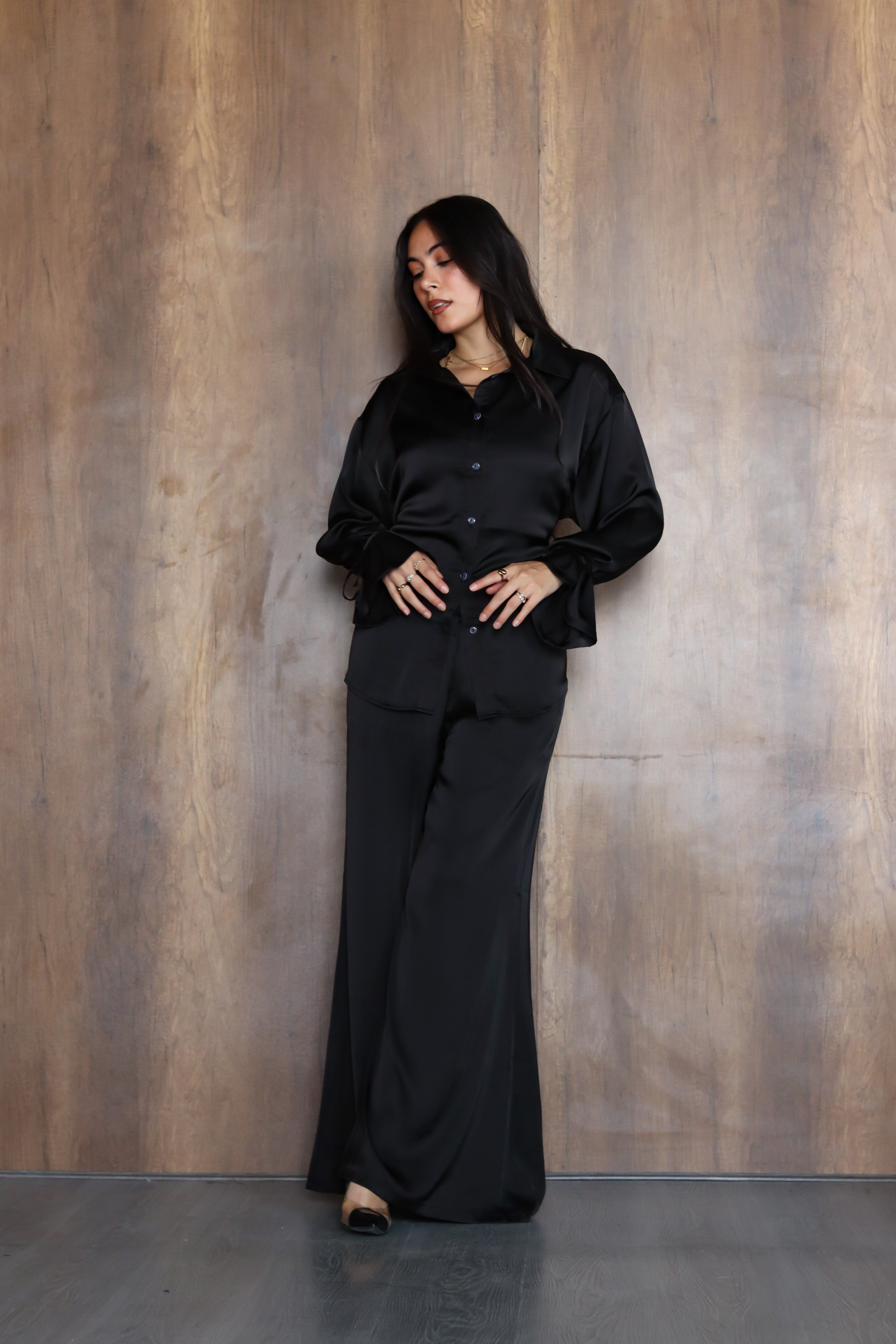 Satin Lace-up Set in Black