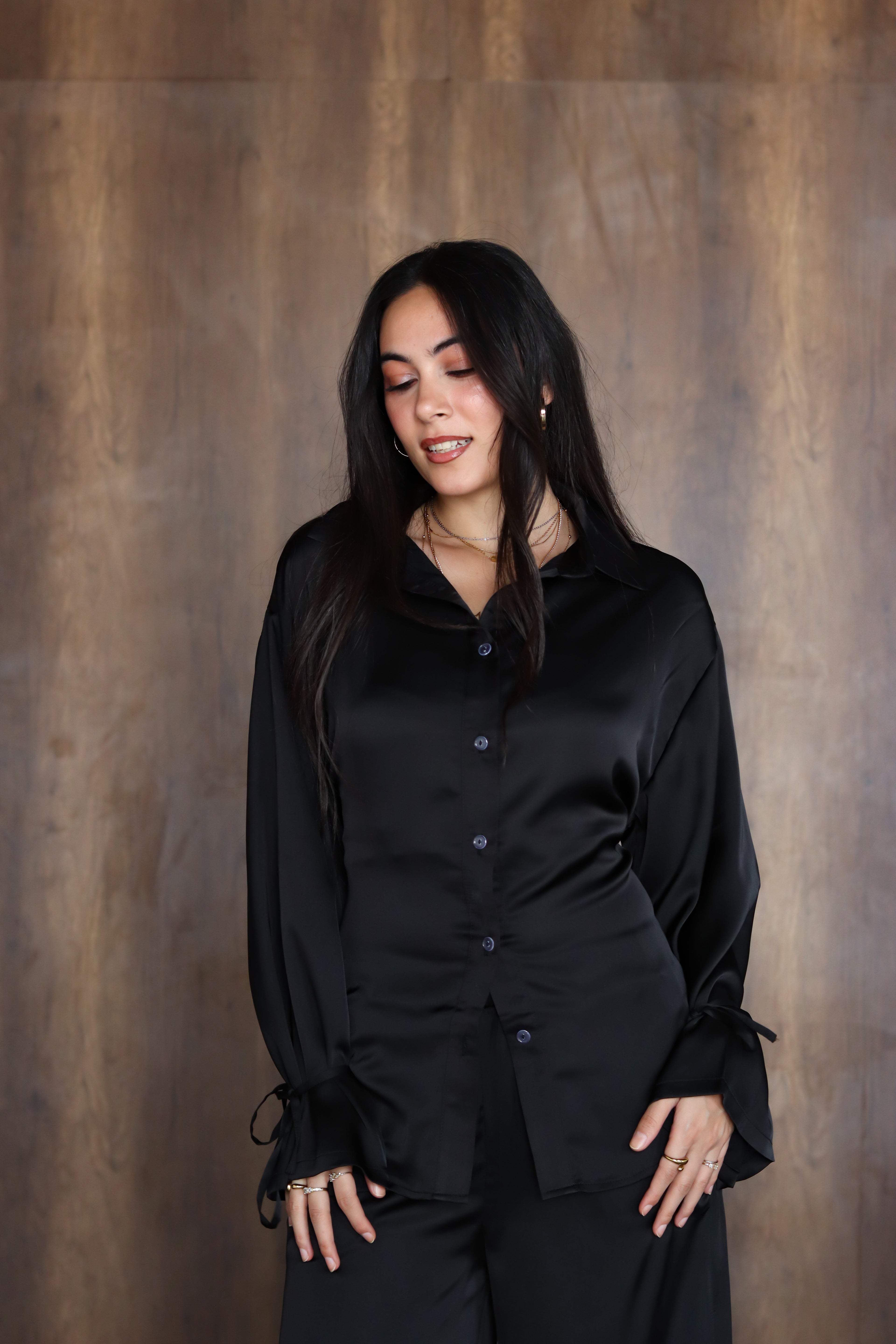 Satin Lace-up Set in Black