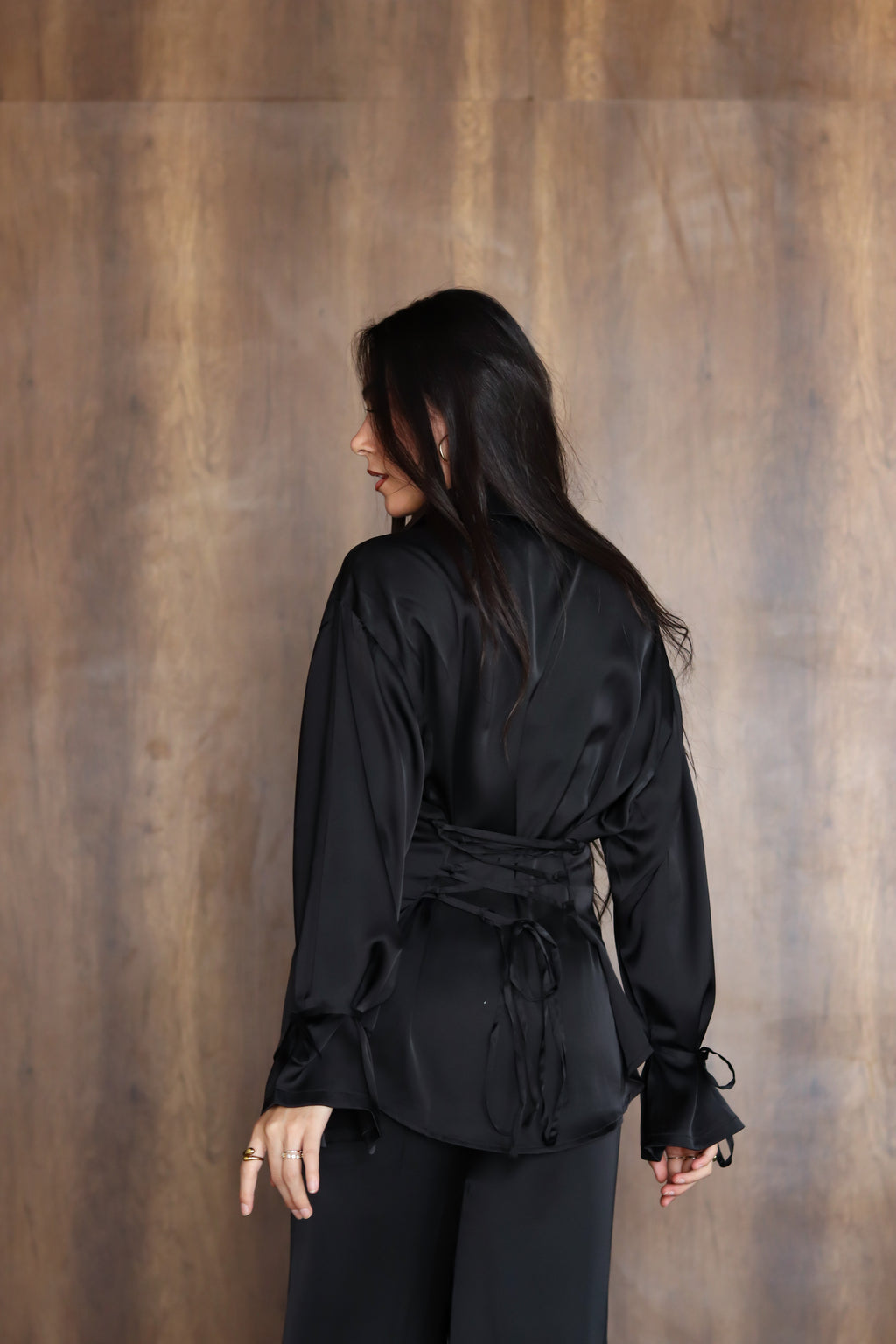 Satin Lace-up Set in Black