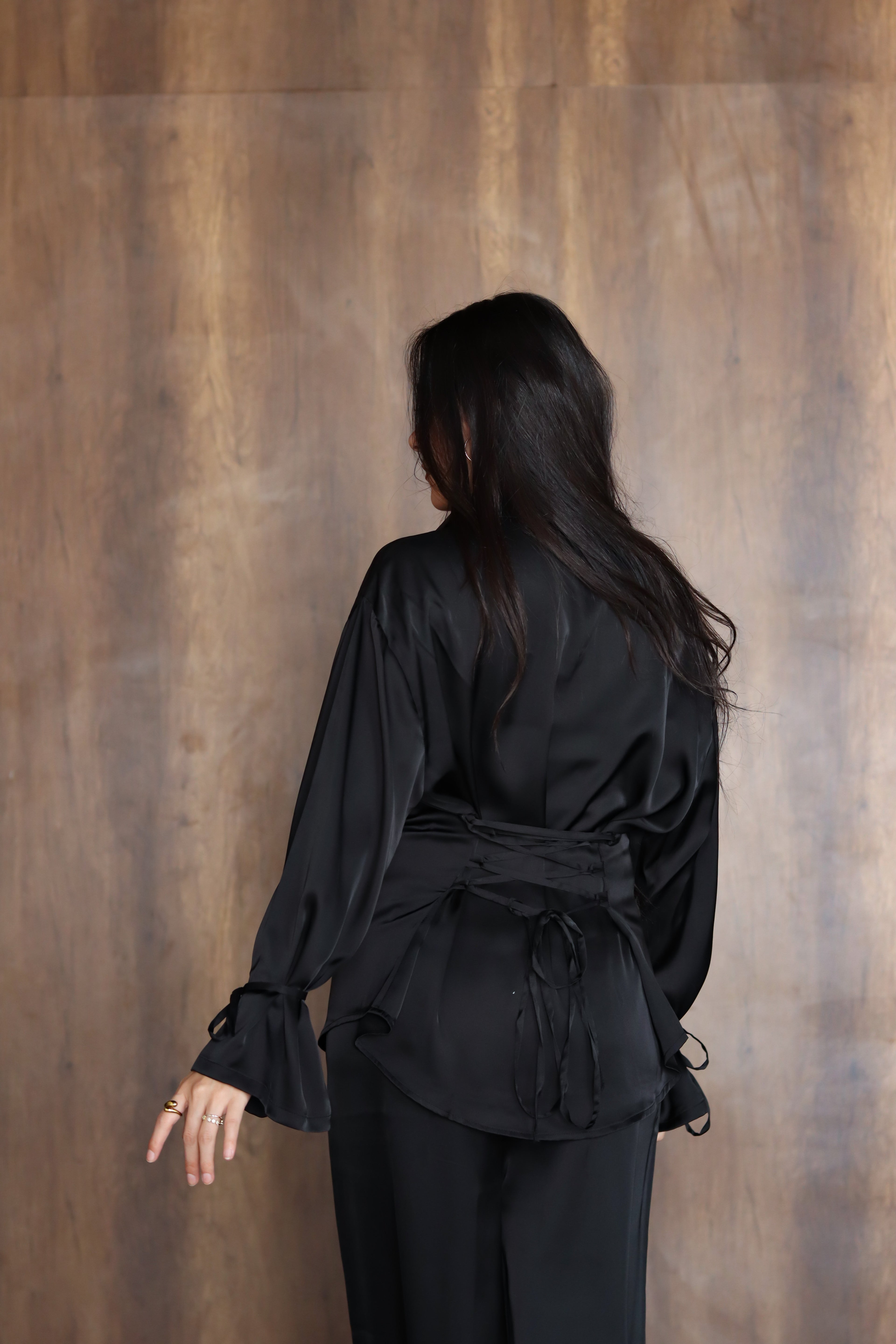 Satin Lace-up Set in Black