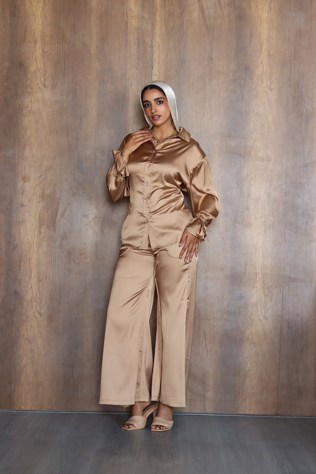 Satin Lace-up Set in Gold