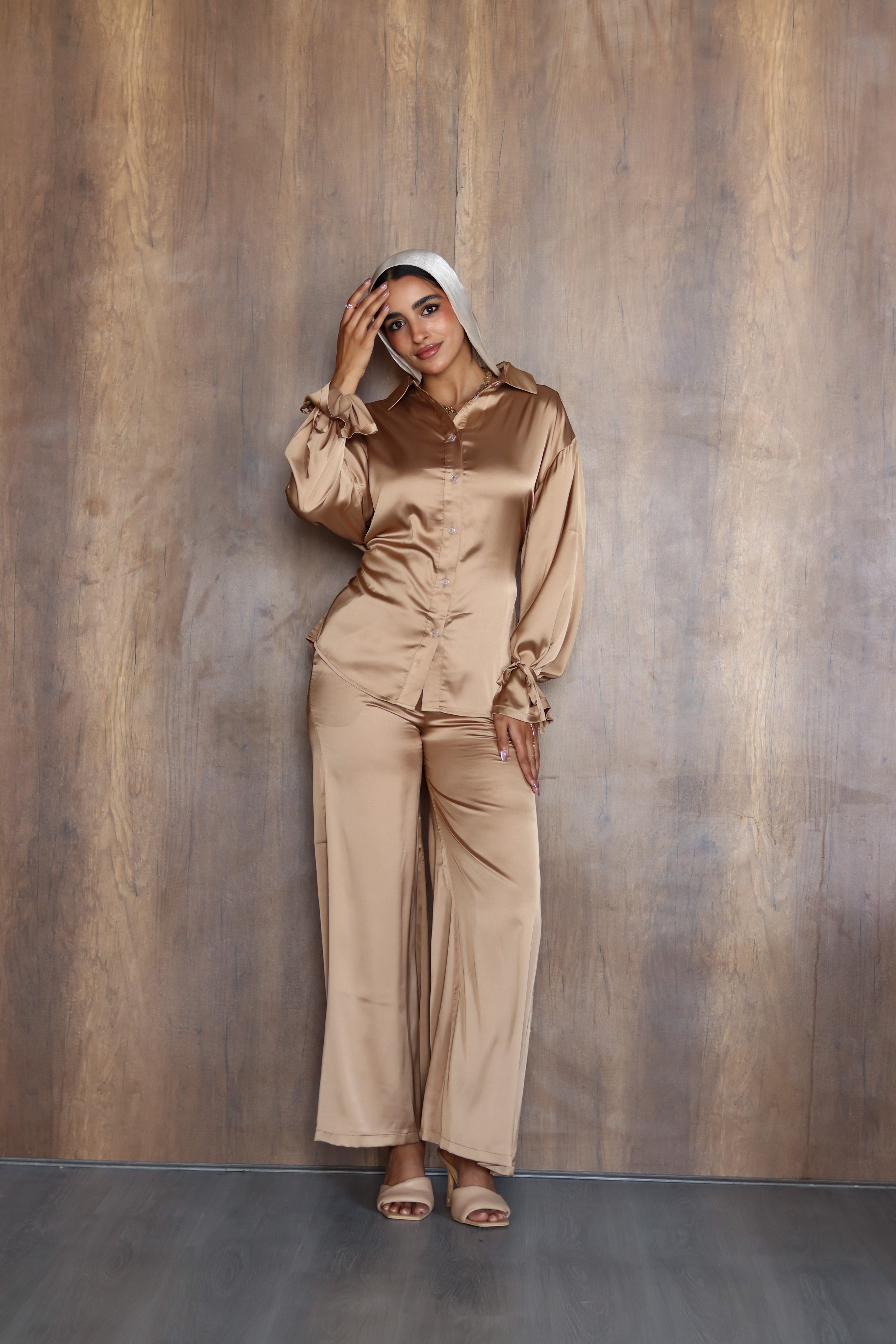 Satin Lace-up Set in Gold