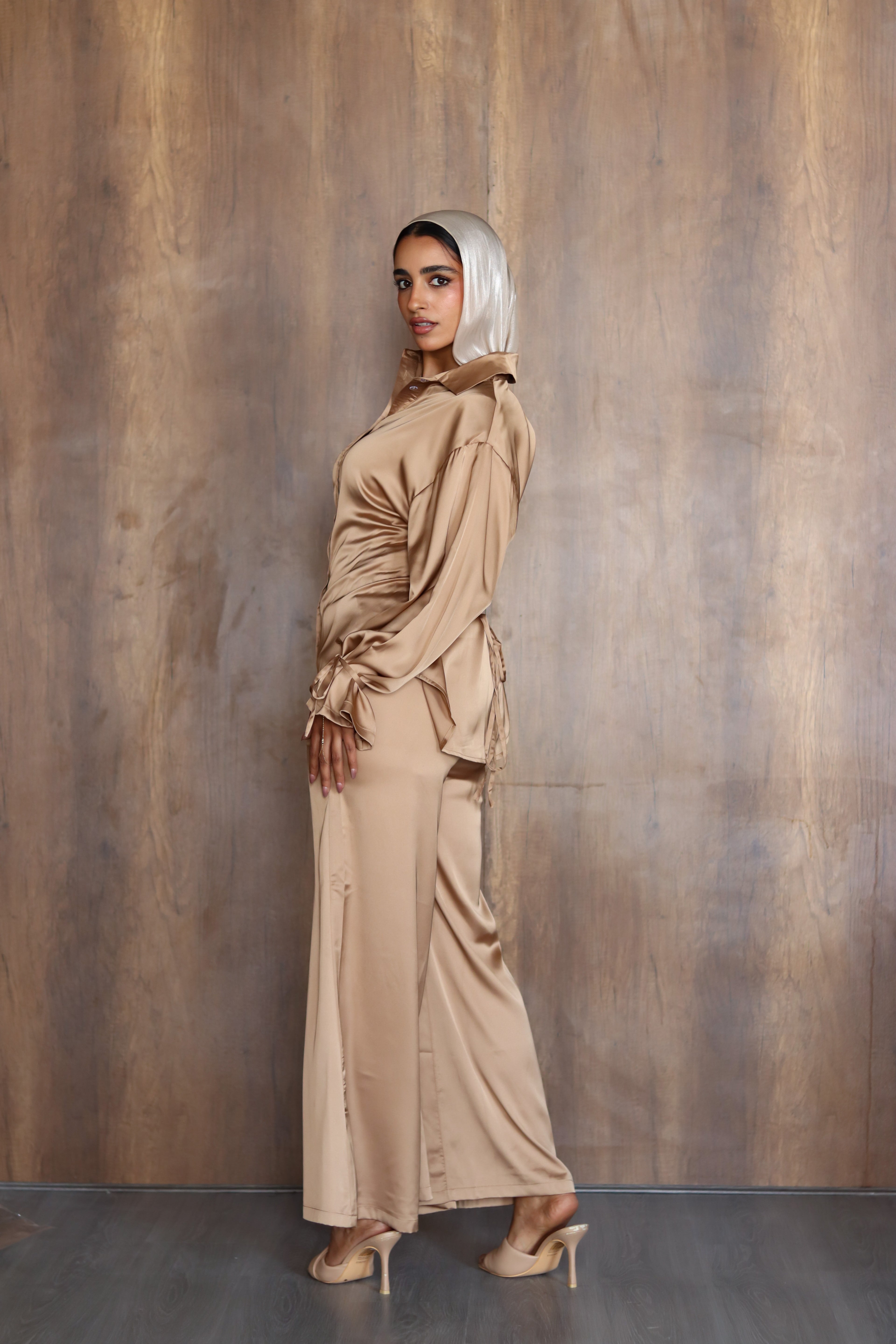Satin Lace-up Set in Gold