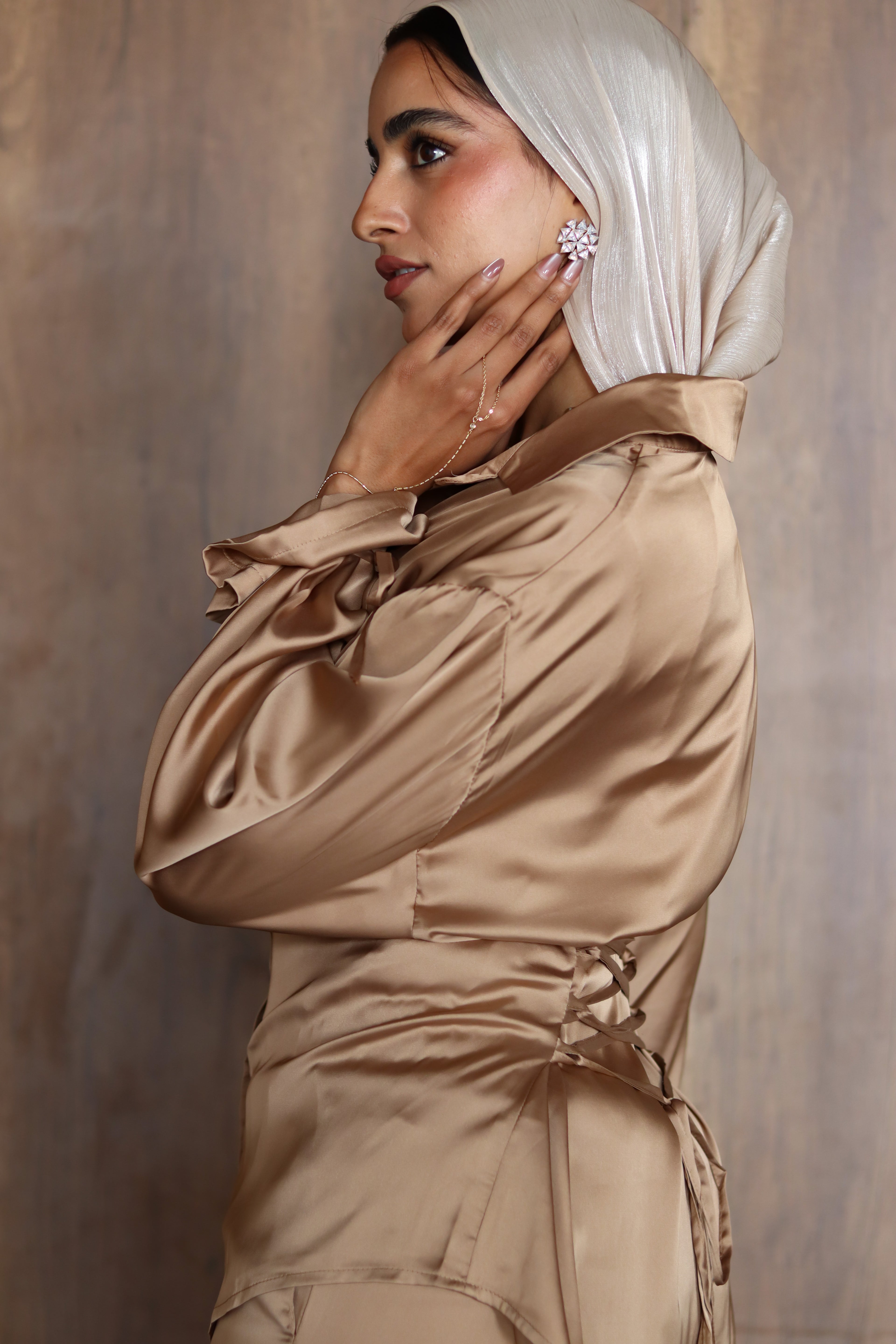 Satin Lace-up Set in Gold