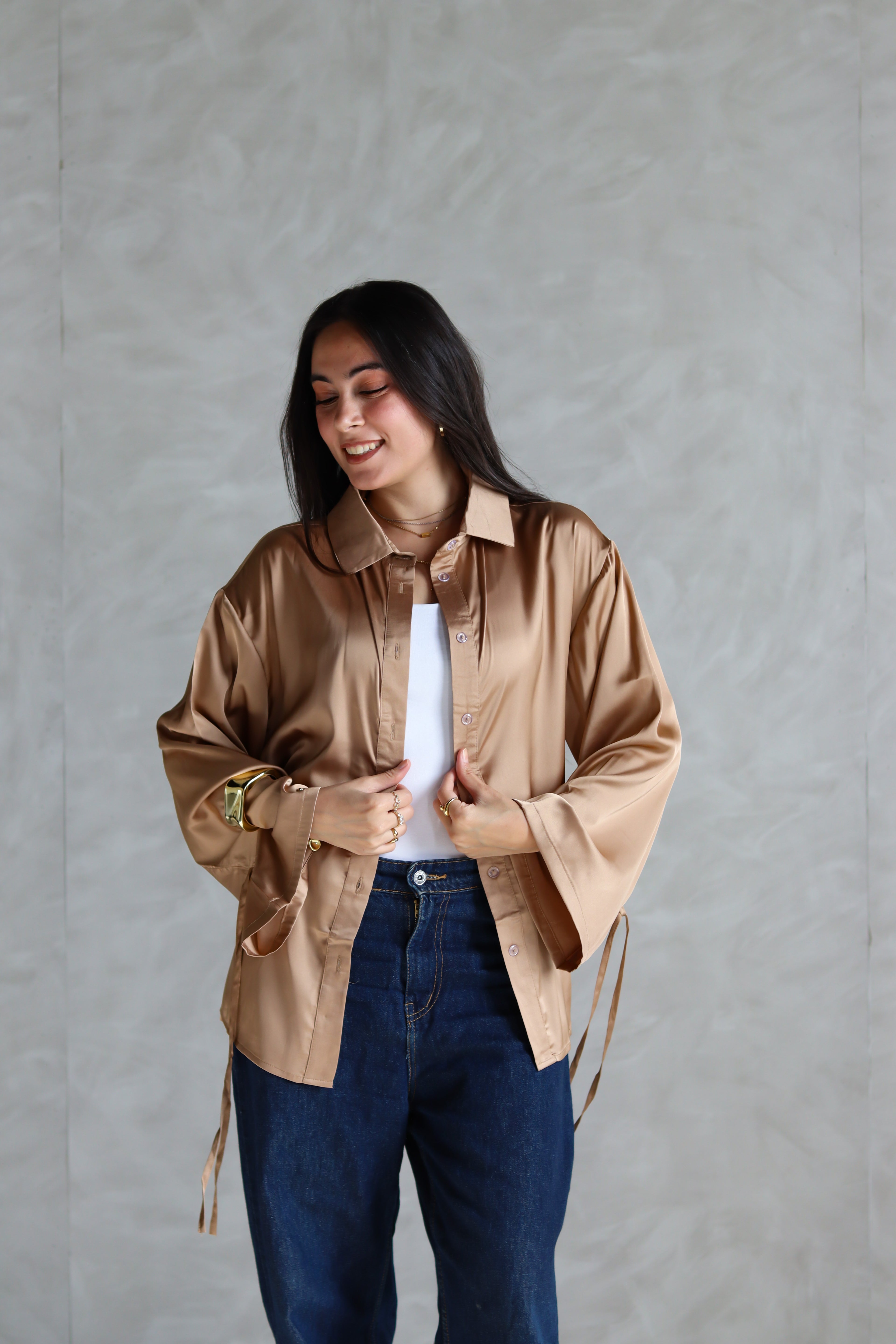 Satin Lace-up Shirt in Gold