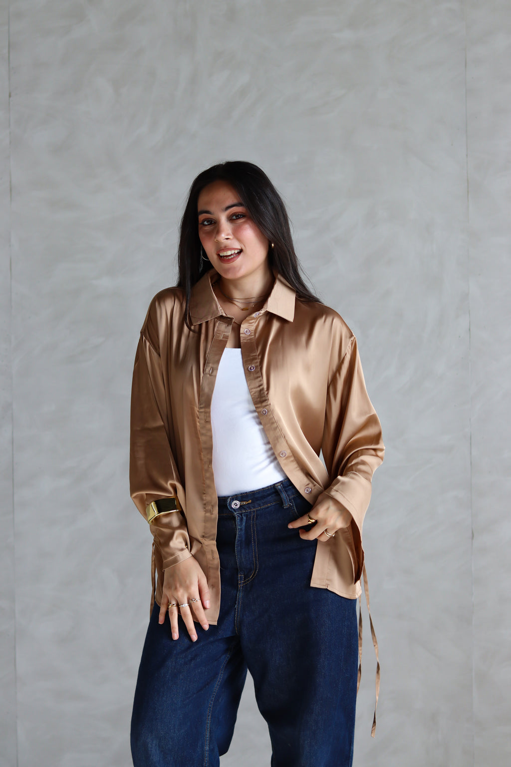 Satin Lace-up Shirt in Gold