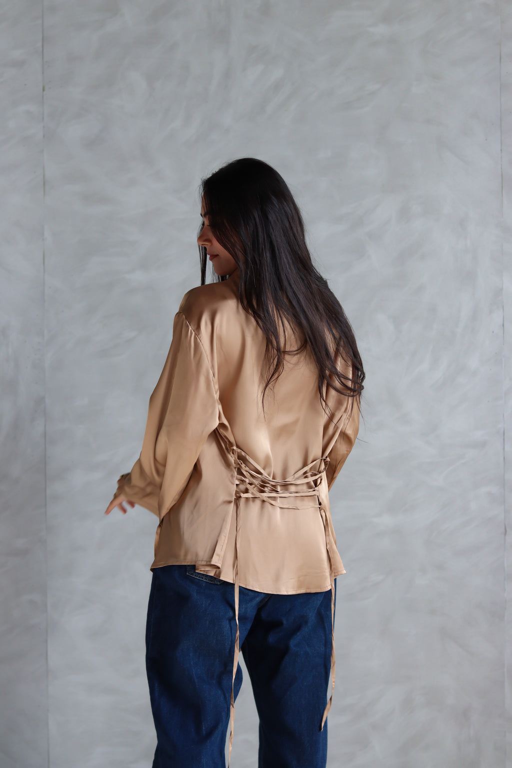 Satin Lace-up Shirt in Gold