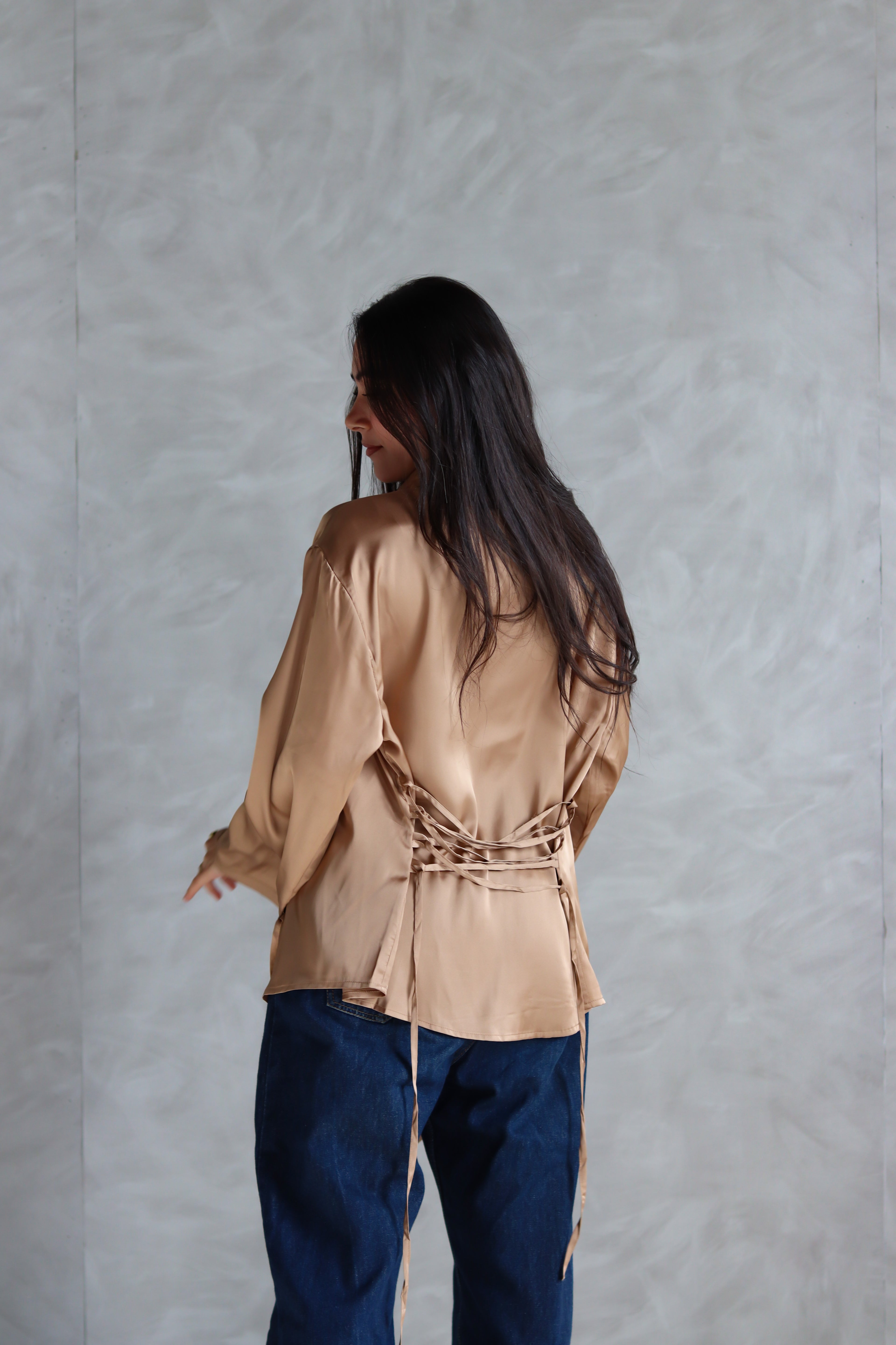 Satin Lace-up Shirt in Gold