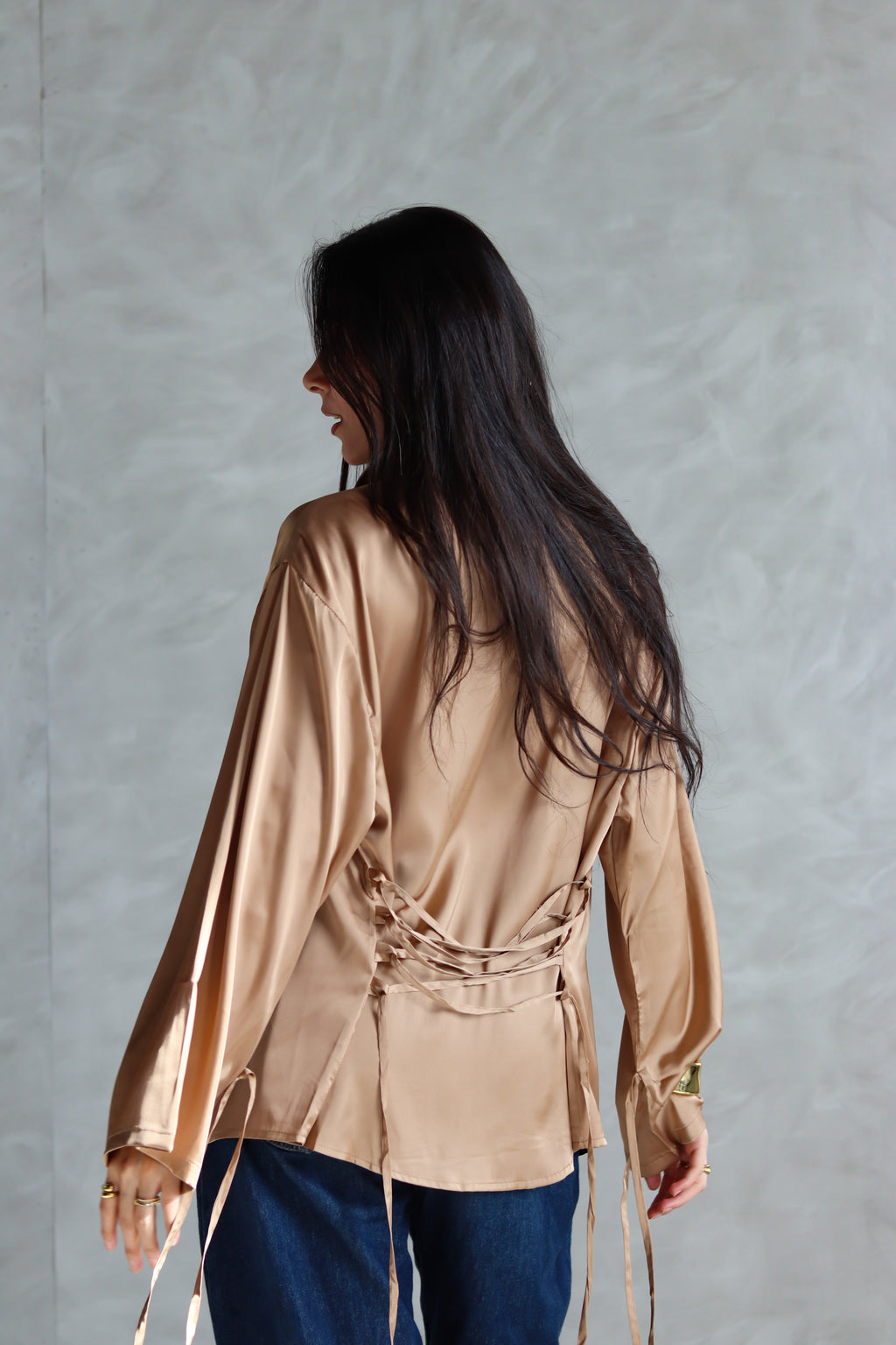 Satin Lace-up Shirt in Gold