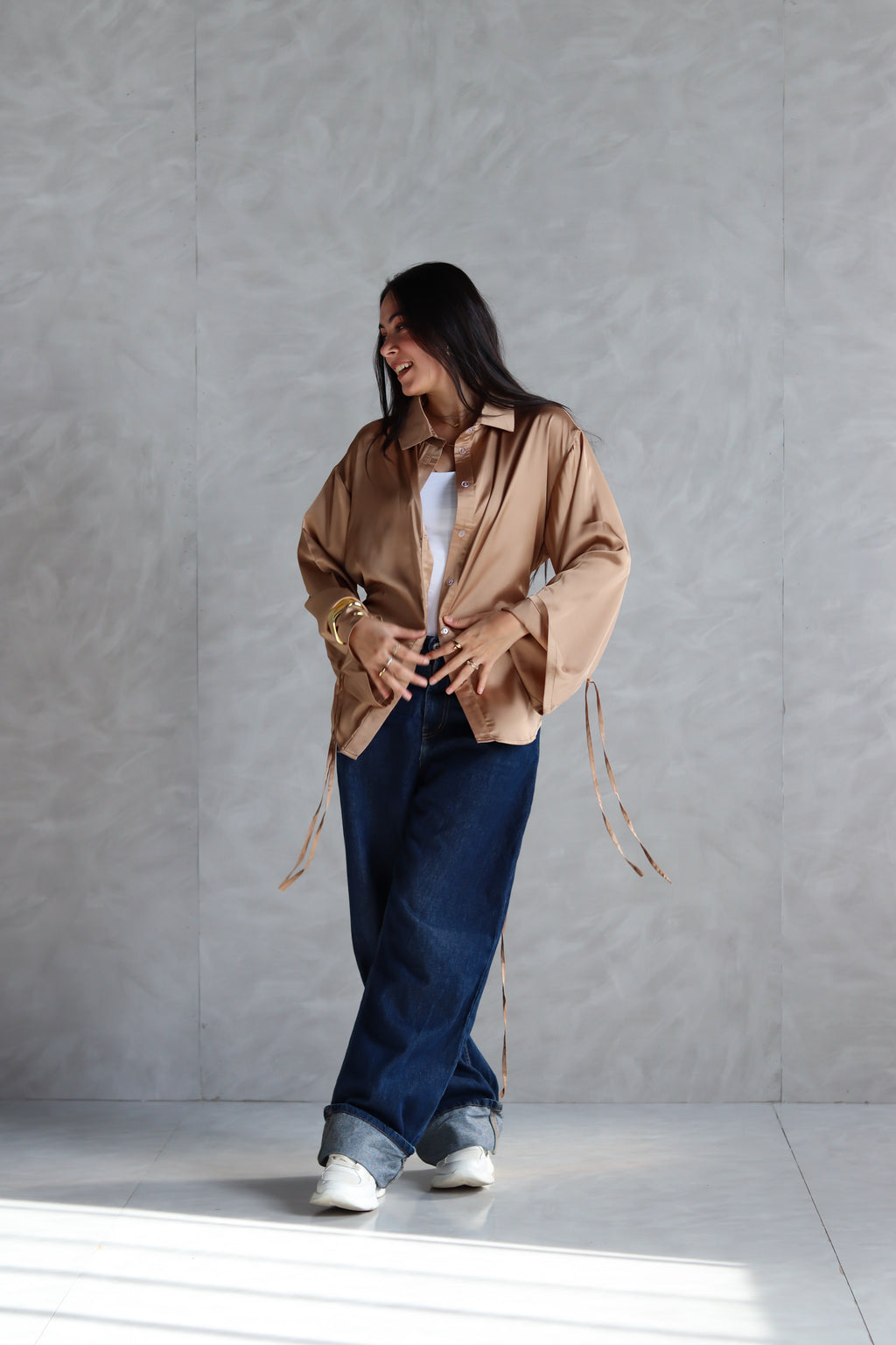 Satin Lace-up Shirt in Gold