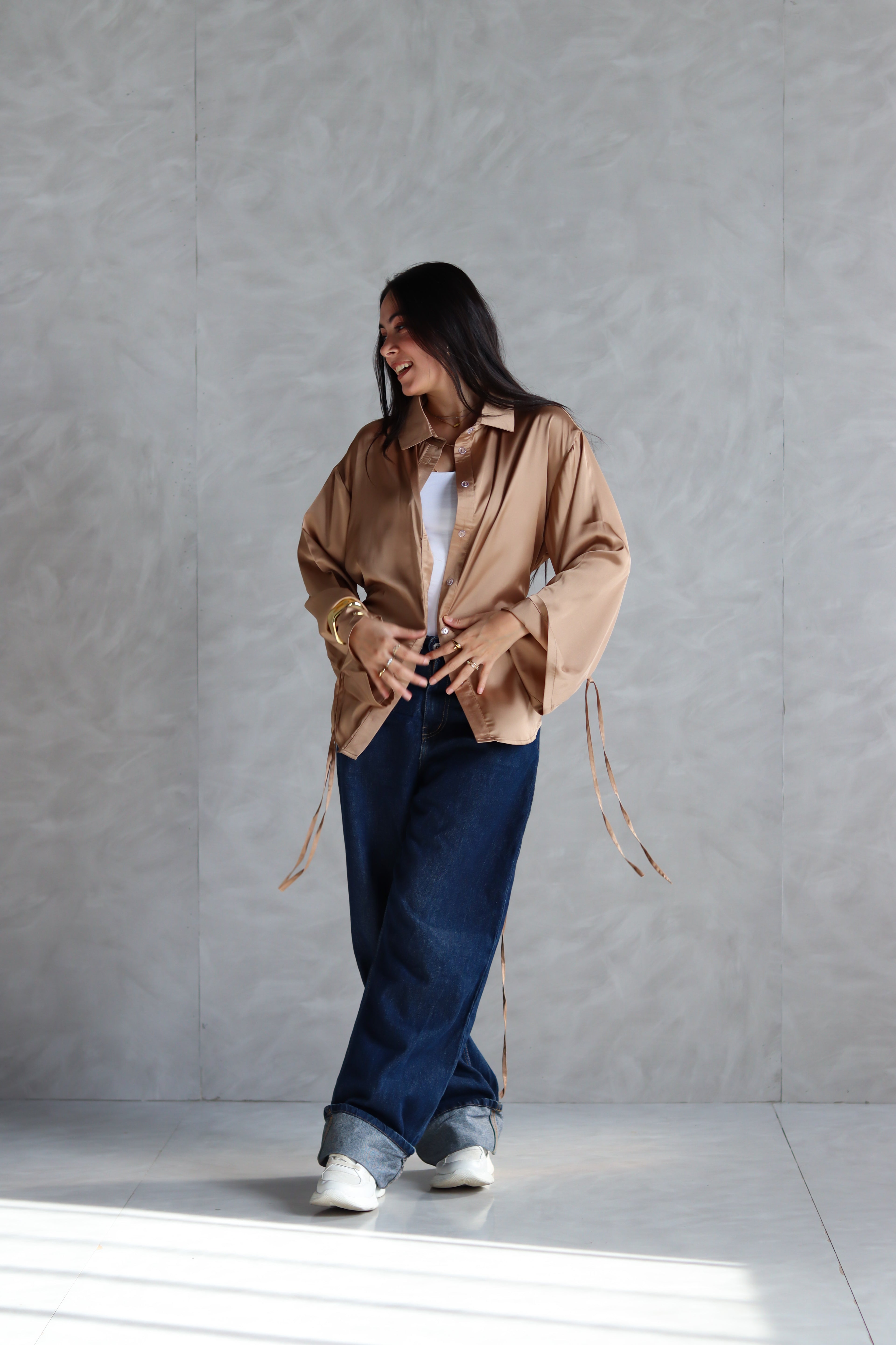 Satin Lace-up Shirt in Gold