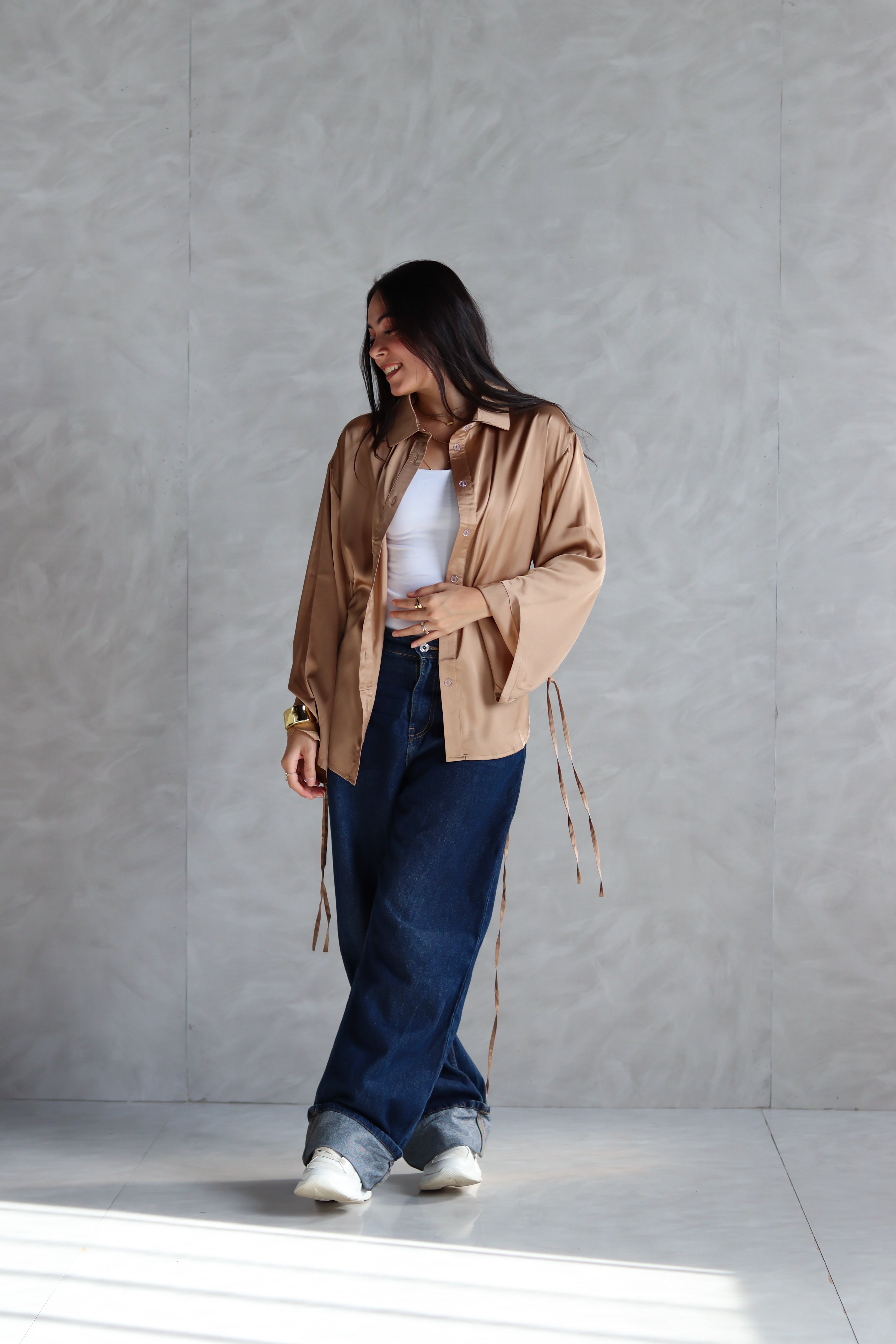 Satin Lace-up Shirt in Gold