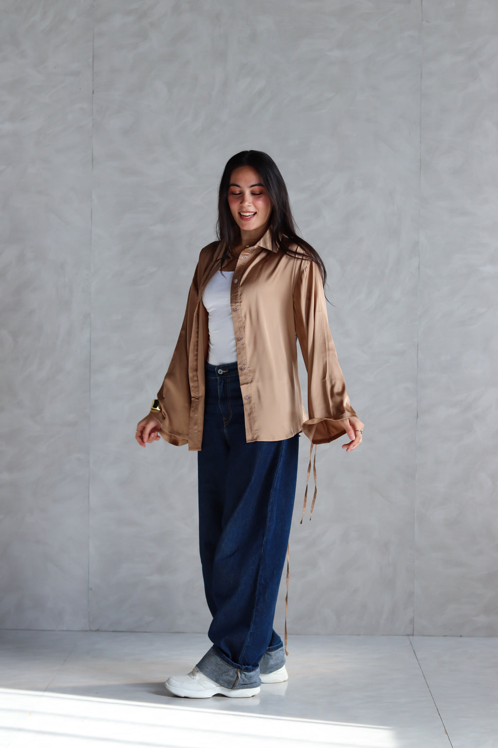 Satin Lace-up Shirt in Gold
