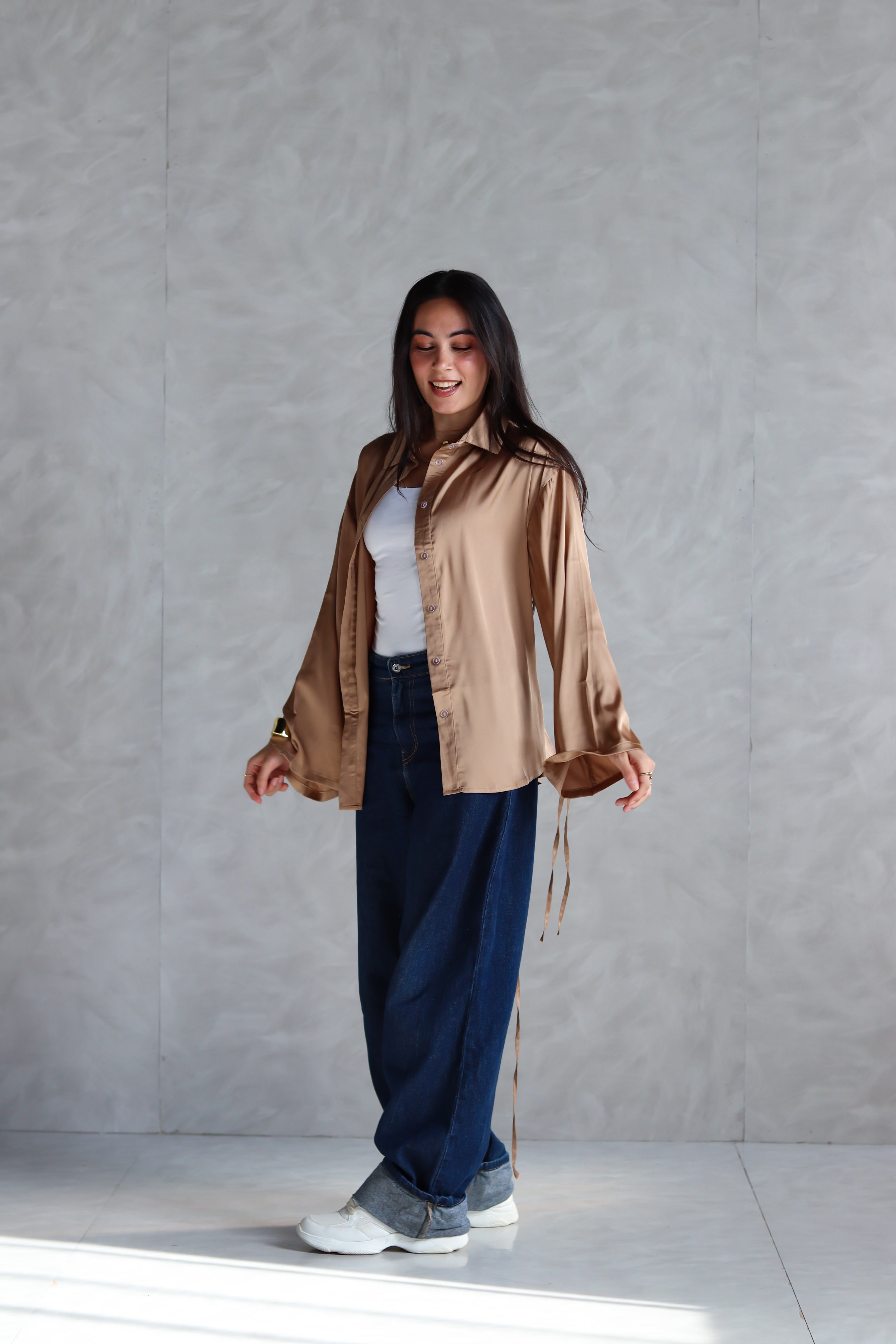 Satin Lace-up Shirt in Gold