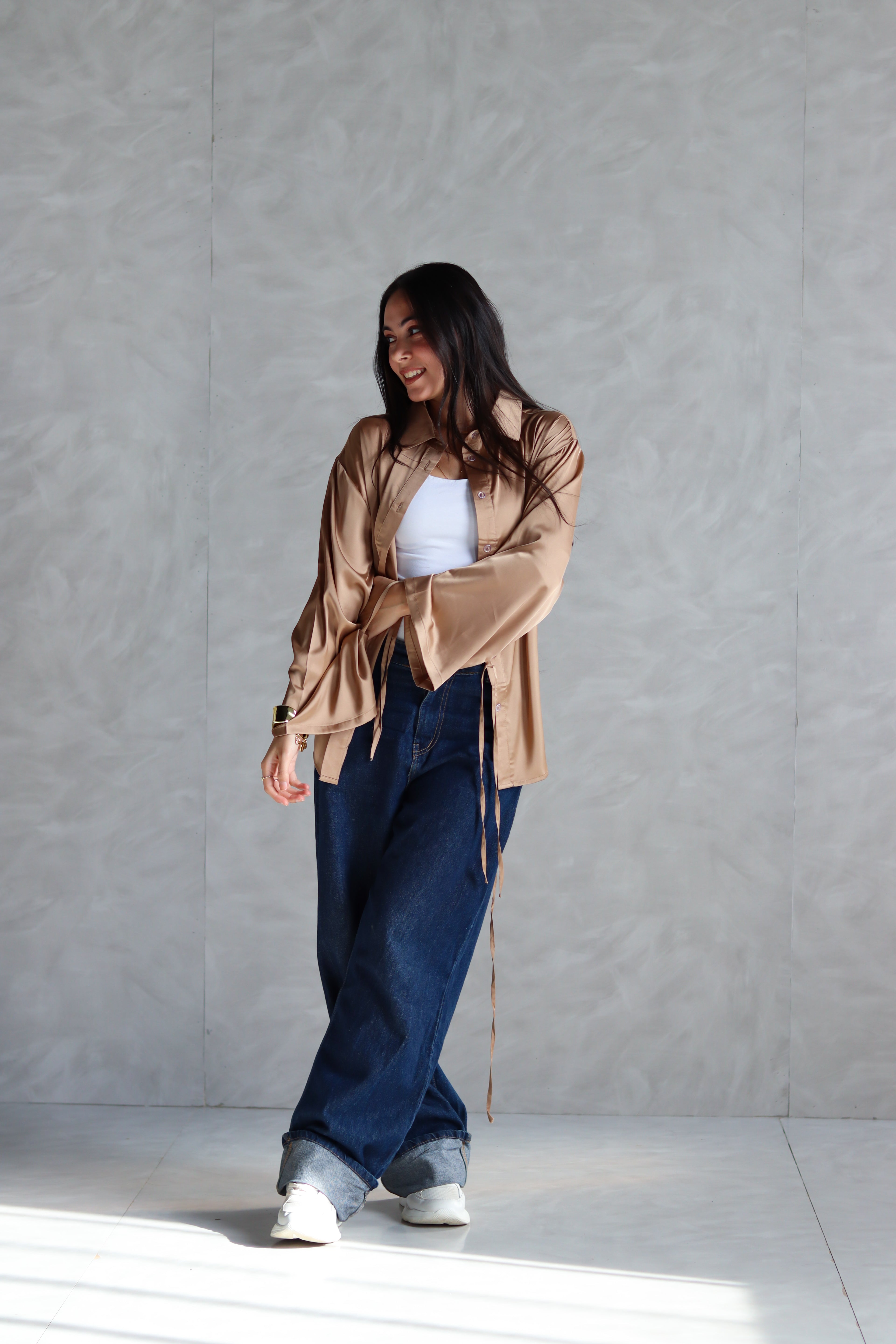 Satin Lace-up Shirt in Gold