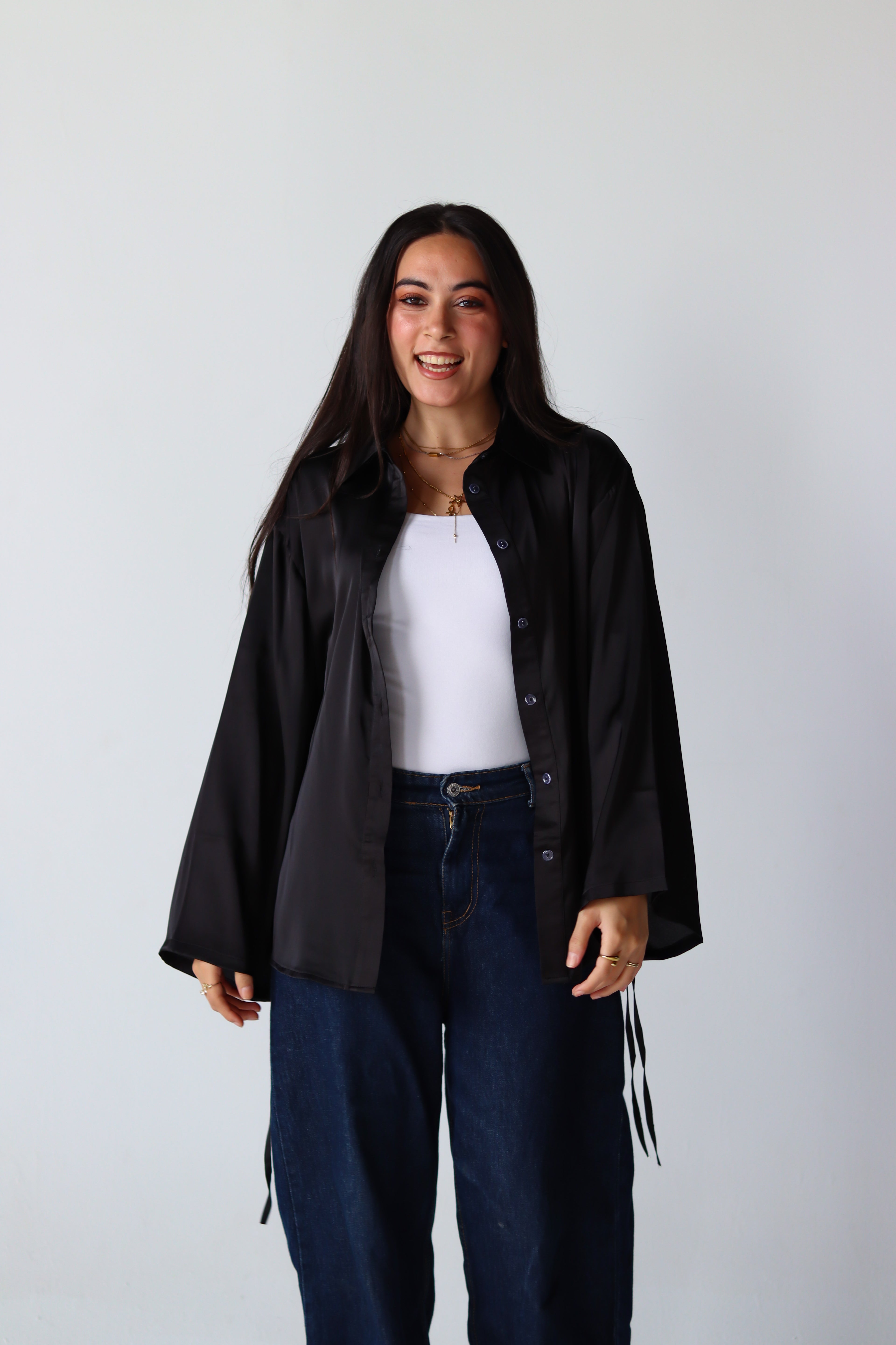 Satin Lace-up Shirt in Black