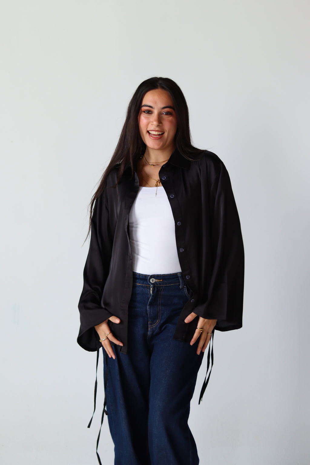 Satin Lace-up Shirt in Black