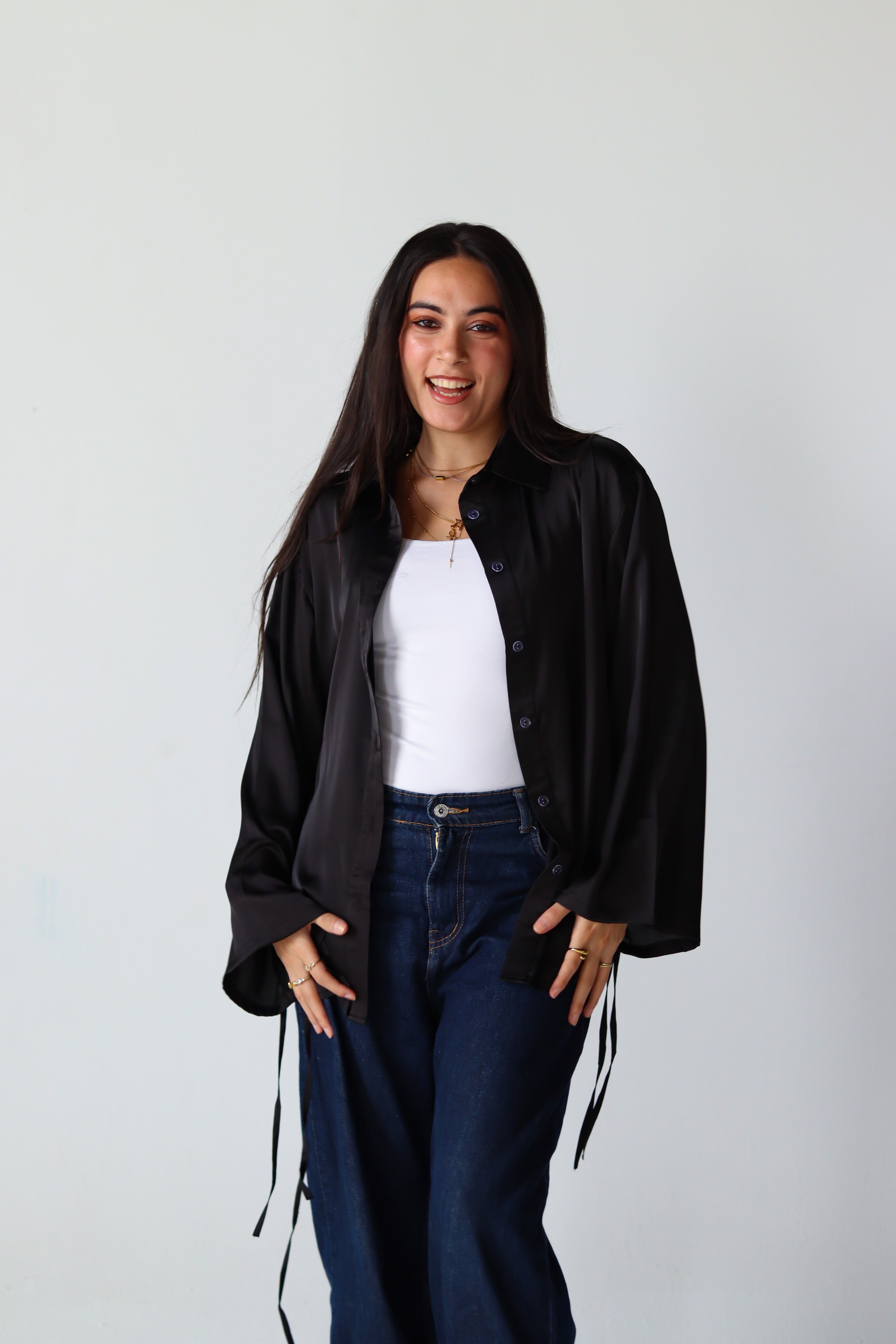 Satin Lace-up Shirt in Black