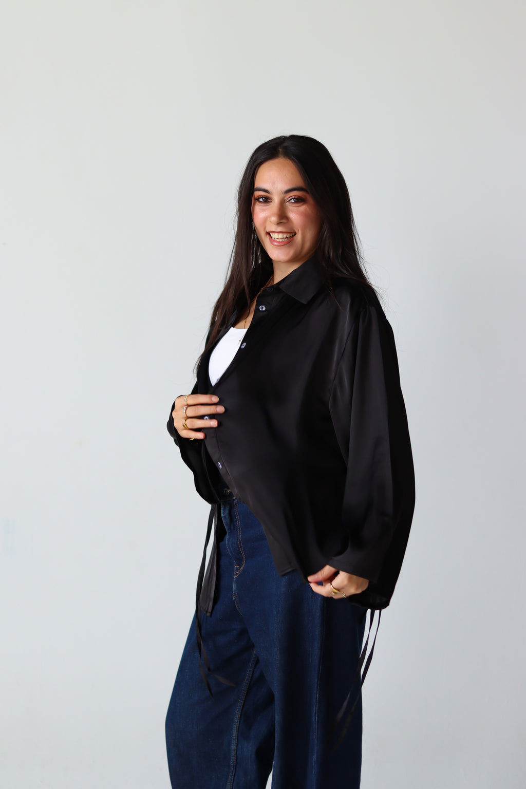 Satin Lace-up Shirt in Black