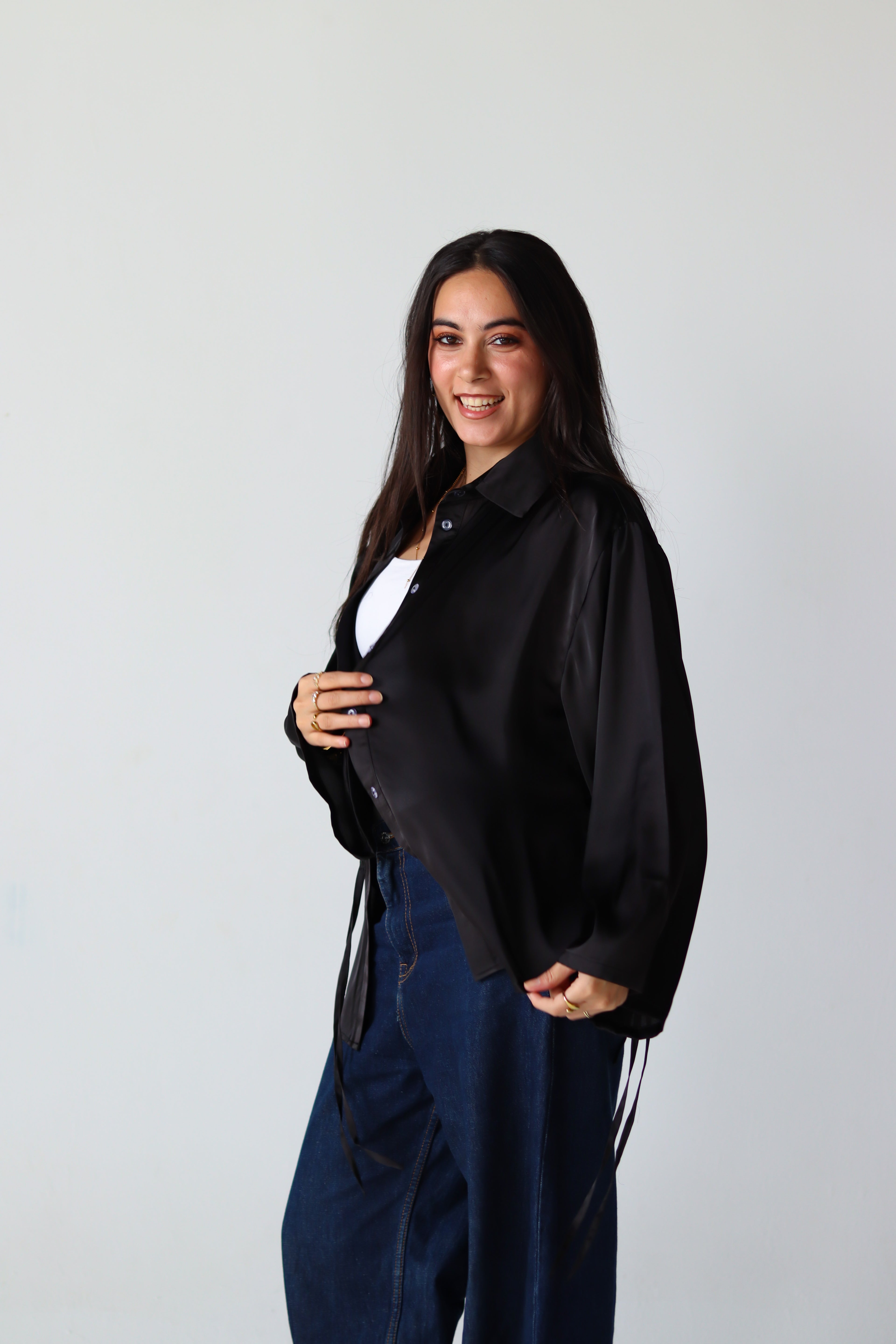 Satin Lace-up Shirt in Black